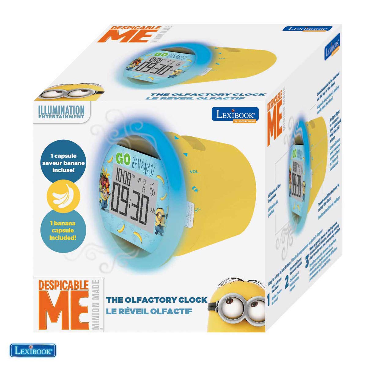 Lexibook by Sensorwake Universal Despicable Me Minions The Olfactory alarm clock, relaxing light, FM radio, battery operated or USB cable, yellow/blue, CS100DES