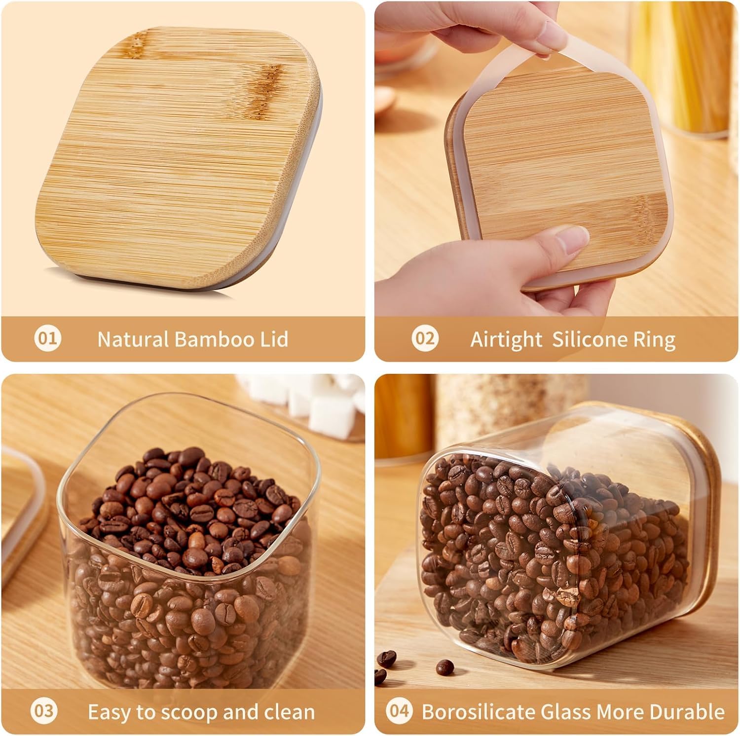 حافظ على مطبخك مرتبًا وأنيقًا مع علبة تخزين الطعام الزجاجية SKY-TOUCH بسعة ١٥٠٠ مل مع غطاء من الخيزران. هذه العلبة المربعة الشفافة مثالية لتخزين الأرز، والحبوب، والبسكويت، والحلويات، وغيرها من مستلزمات المطبخ.