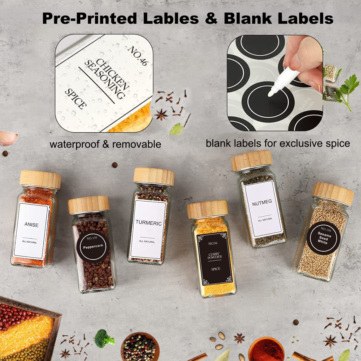 HJB VISSO 24-Piece Glass Spice Jars Set, 120ml Square Spice Containers with Labels, Shaker Lids, Bamboo Caps, Funnel, Brush & Marker Included