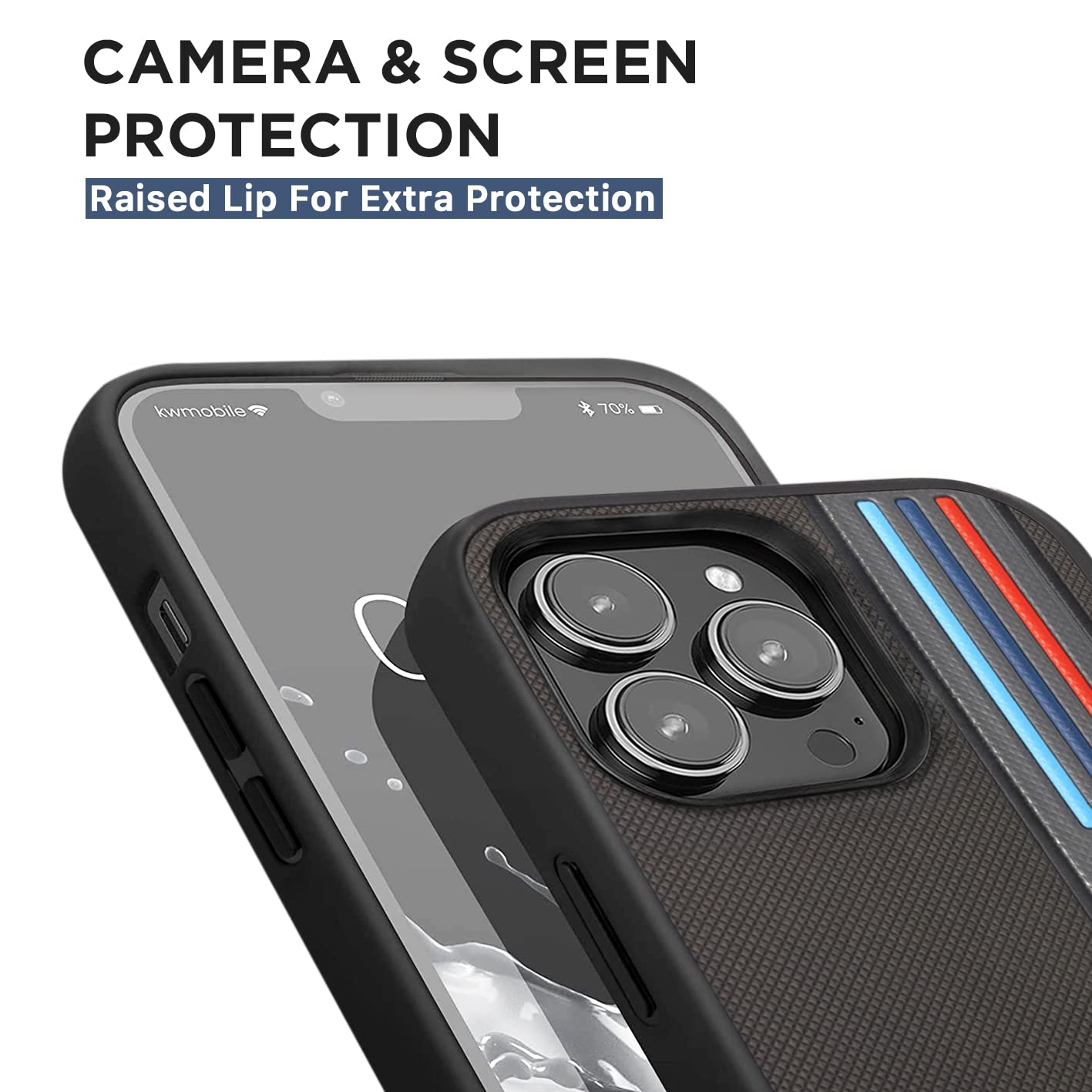 **CG MOBILE BMW iPhone 14 Pro Case** – Gray Mesh, Tricolor Lines, PU Leather, Shock Absorption, Easy Snap-on, Signature Logo.