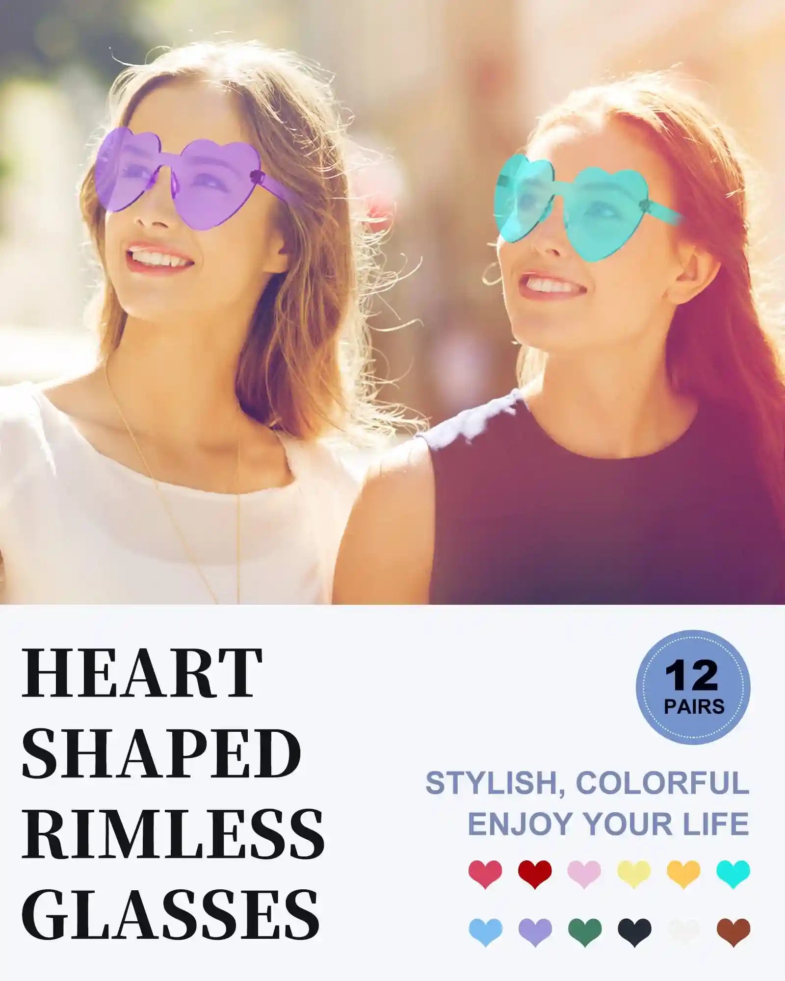 Dllween Heart Sunglasses for Women, 12 Pairs Fun Trendy Rimless Heart Glasses Bulk, Transparent Candy Colored Heart Shaped Sunglasses for Party Favor