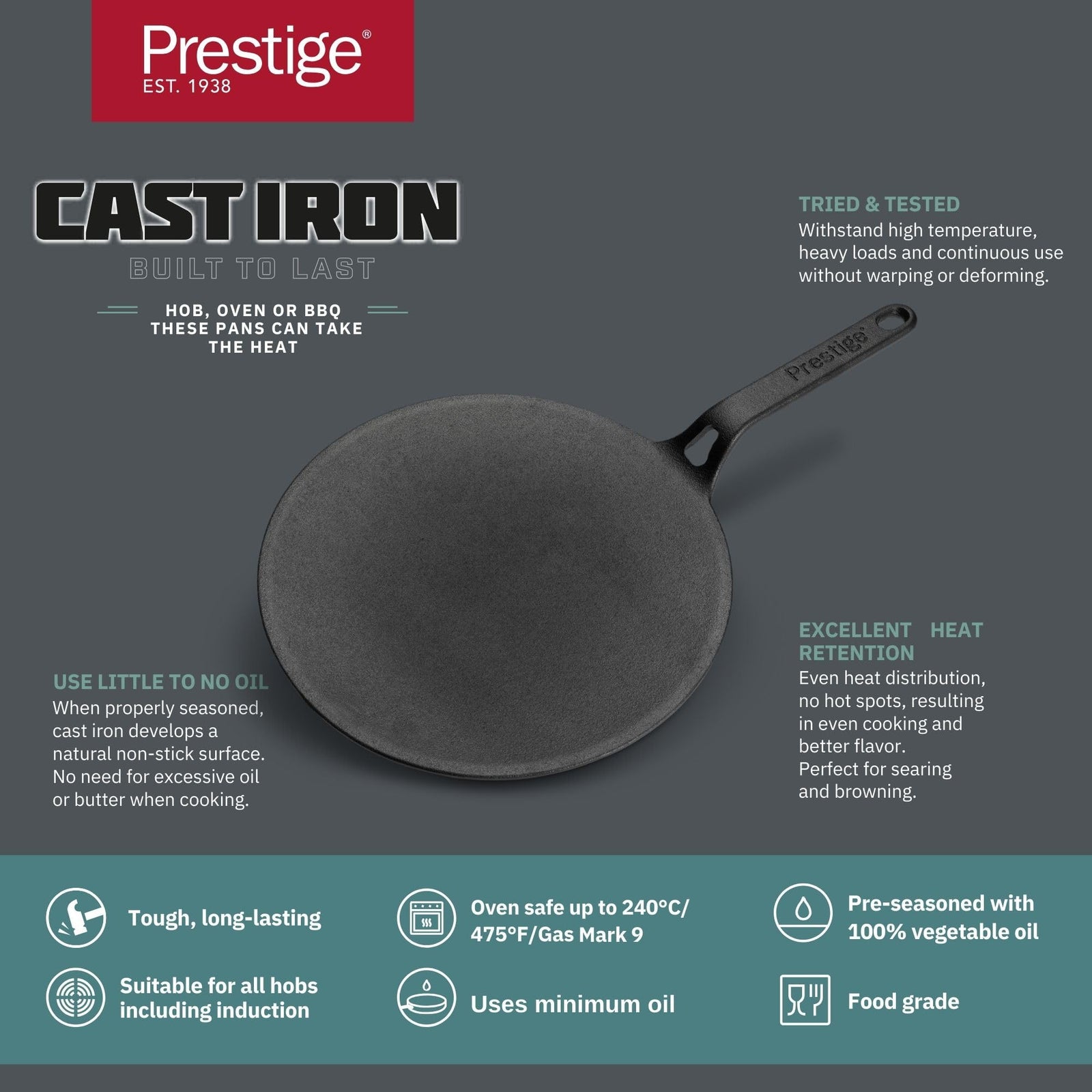 Prestige Cast Iron Curved Tawa 26 cm | Induction Base Tawa Pan for Roti/Chapati/Dosa with Stick Handle | Pre-Seasoned Cookware | PR48884