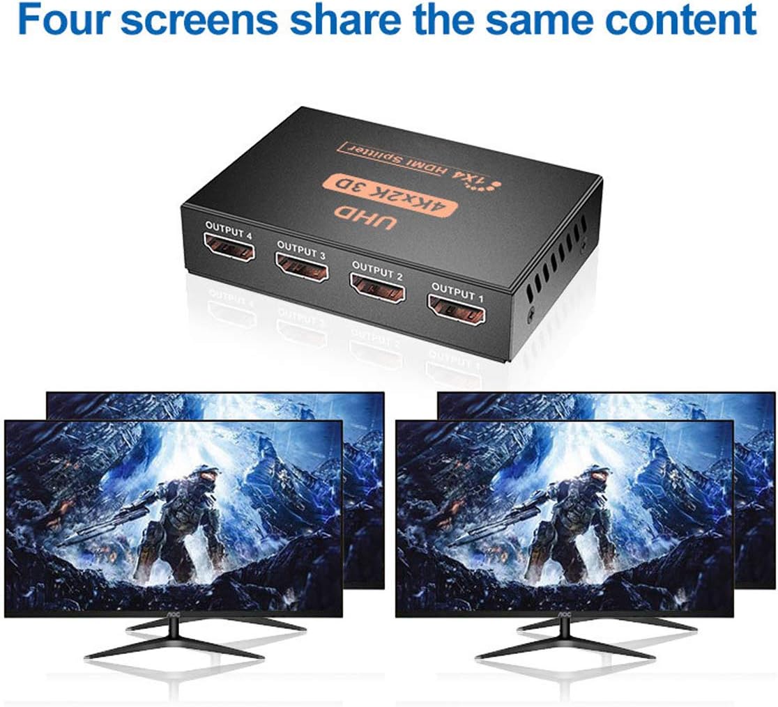 RUMANLE HDMI Splitter 1 in 4 Out, 4K Ultra HD 3D 1080p 2160p, Supports High Resolutions, 1 Source to 4 Displays Simultaneously Ideal for home entertainment, office use, classrooms, and exhibitions