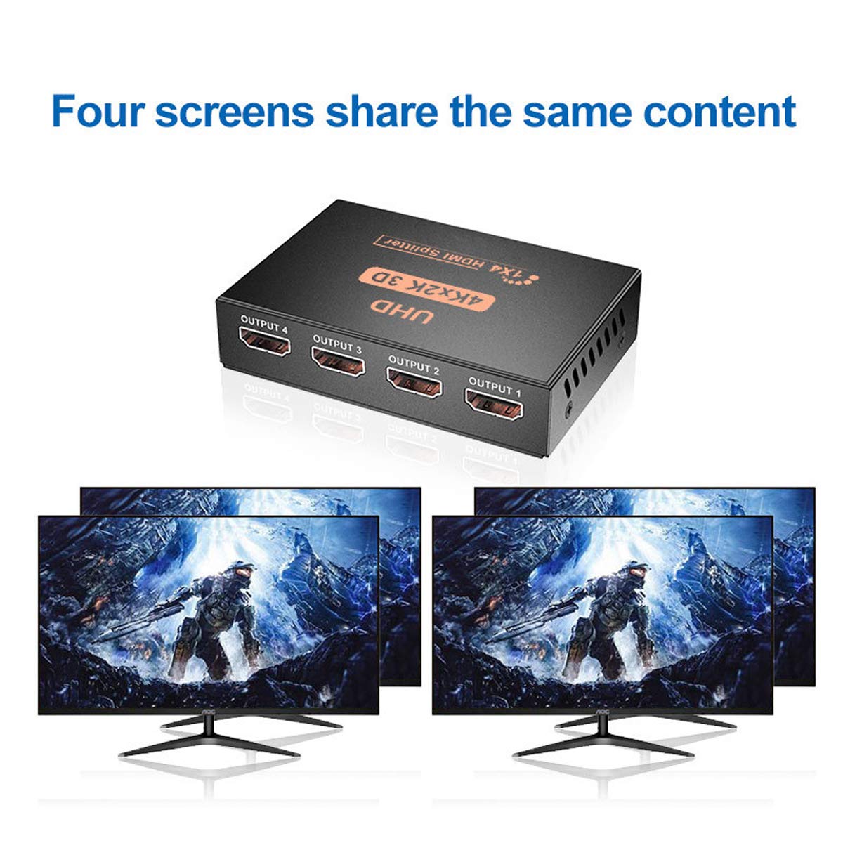 RUMANLE HDMI Splitter 1 in 4 Out, 4K Ultra HD 3D 1080p 2160p, Supports High Resolutions, 1 Source to 4 Displays Simultaneously Ideal for home entertainment, office use, classrooms, and exhibitions