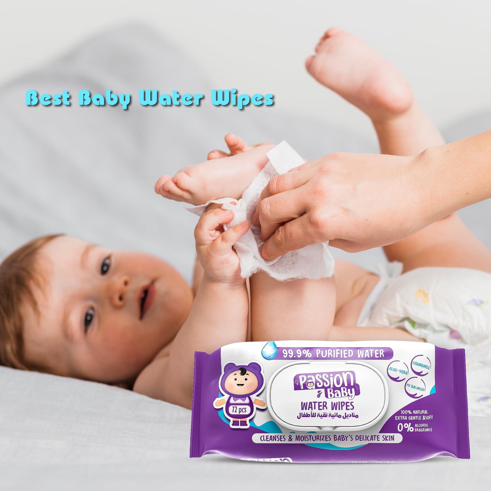 مناديل Passion  المائية (عدد 72 قطعة) مصممة خصيصًا لبشرة طفلك الحساسة، فهي ناعمة ونقية وتحتوي على 99٪ من الماء النقي ومكونات طبيعية آمنة. خالية من الكحول والبارابين والعطور