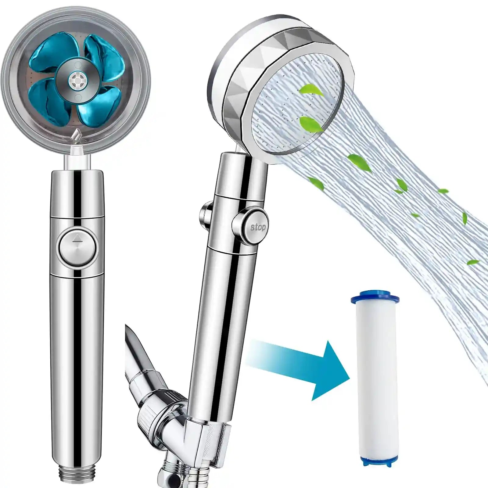COKOKERT Handheld Vortex Shower Head – 360° High-Pressure Shower with Filter, Pause Switch & Removable Propeller – Water-Saving Power Spray (Without Box) - Safqqa Egypt