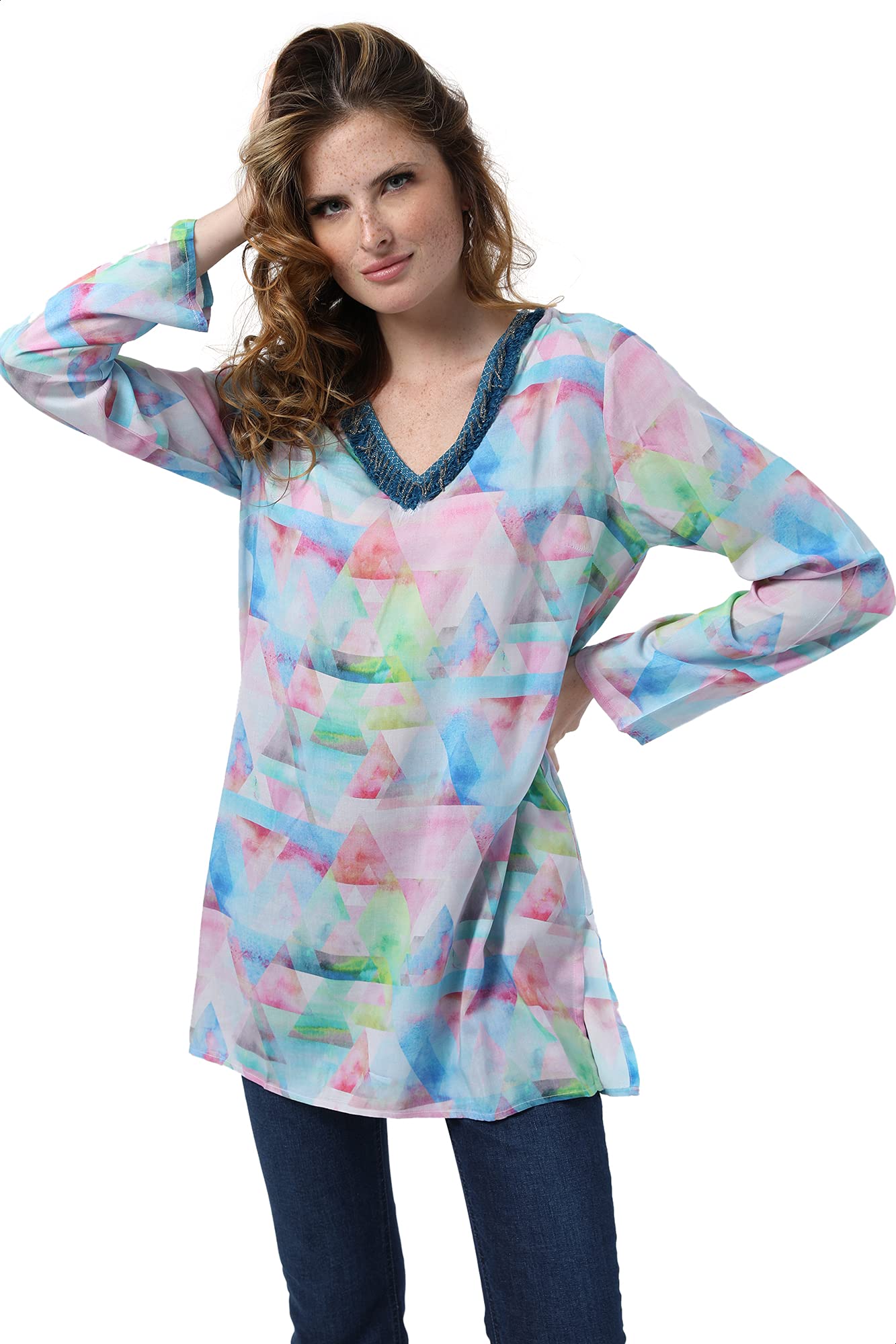 Dalydress Patterned Side Slits Long Sleeves V Neck Blouse For Women,Lightweight material ideal for daily wear.