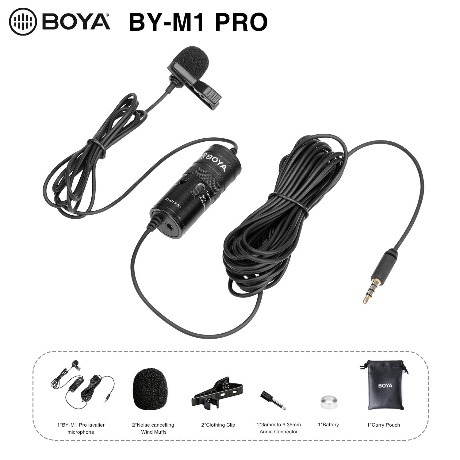 Boya by-M1 PRO Professional Lavalier Lapel Microphone Noise Reduction Omnidirectional Mic with Clip for YouTube Interview Broadcast Content Creation Compatible for Smartphone&DSLR Camera (6M)