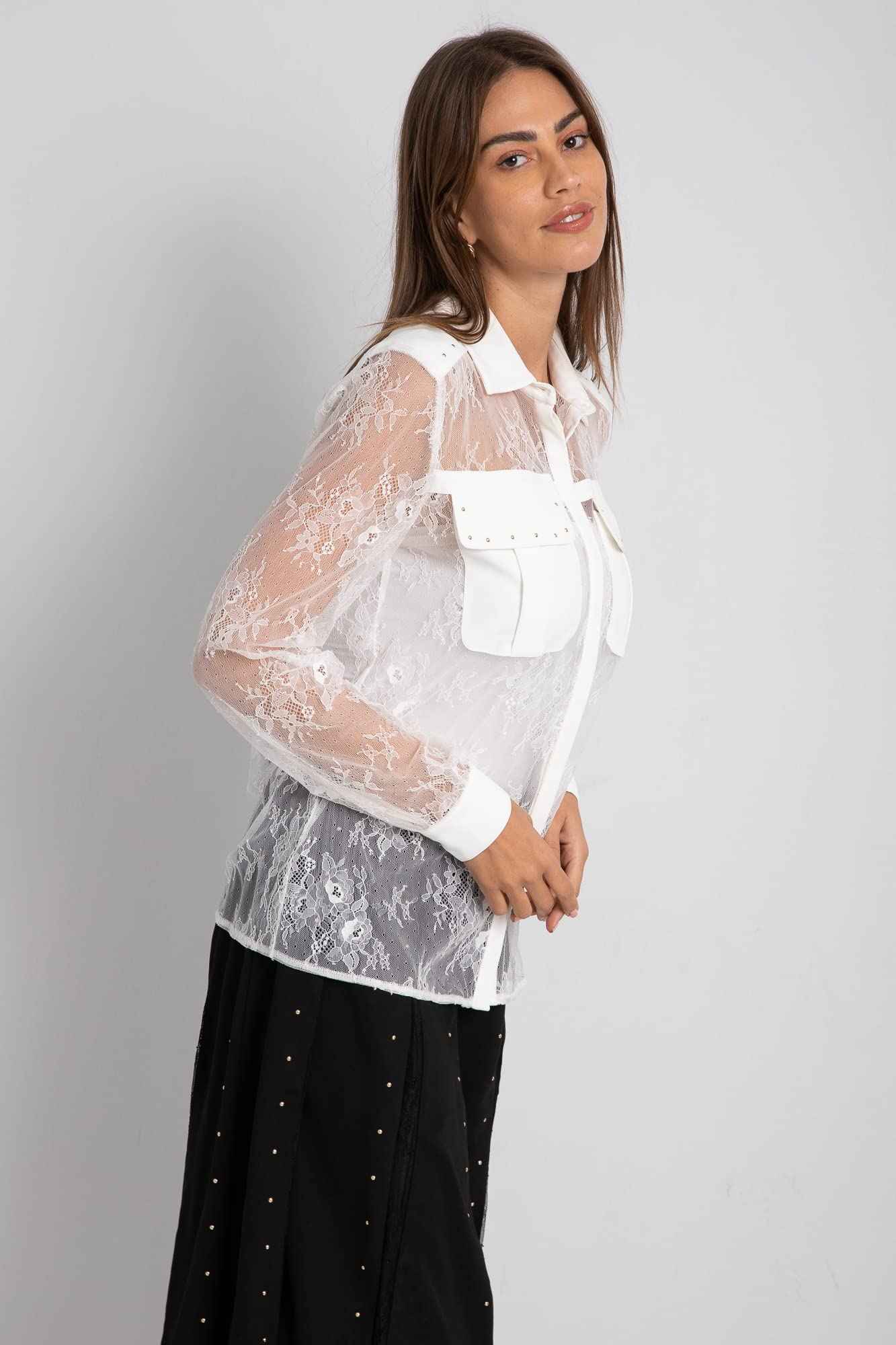 Casual Lace Long Sleeves Sheer Shirt With Studded Utility Pockets - Safqqa Egypt