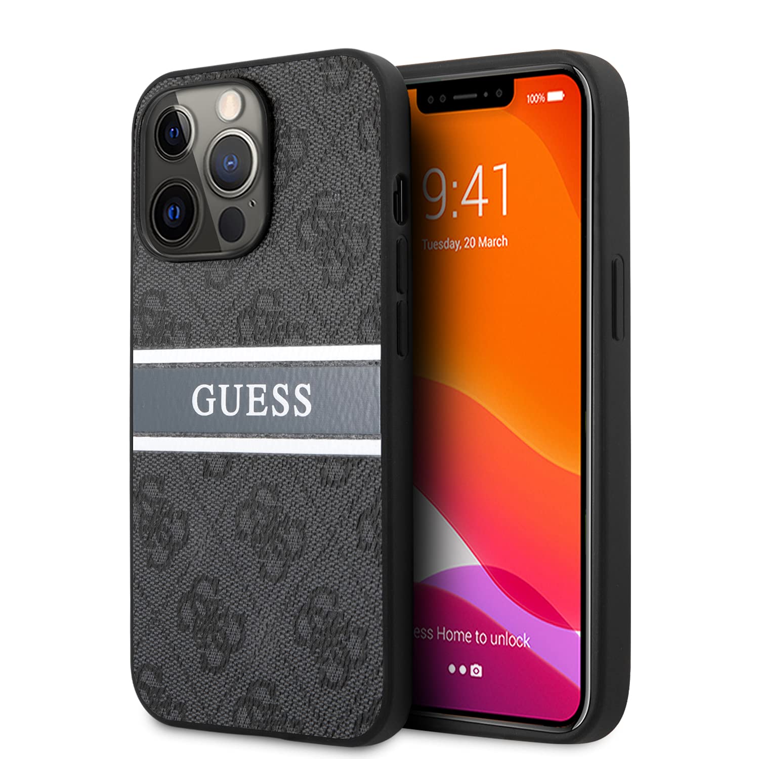CG MOBILE غطاء جلد PU مع شريط مطبوع متوافق مع iPhone 14 Pro Max (6.7") غطاء جلدي أنيق، تصميم عصري، حماية من الصدمات والسقوط، غطاء خلفي مرخص رسميًا (رمادي)