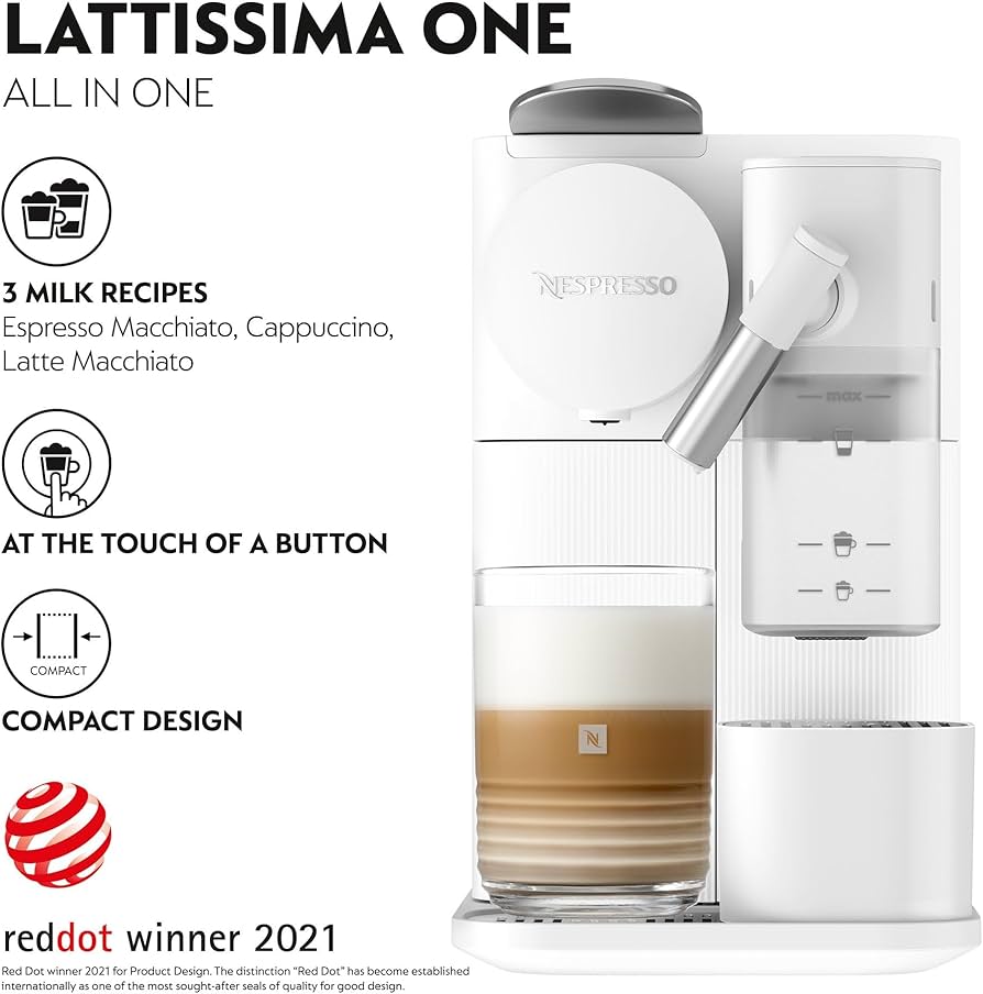 ماكينة قهوة Nespresso Lattissima One – أبيض، نظام الكبسولات