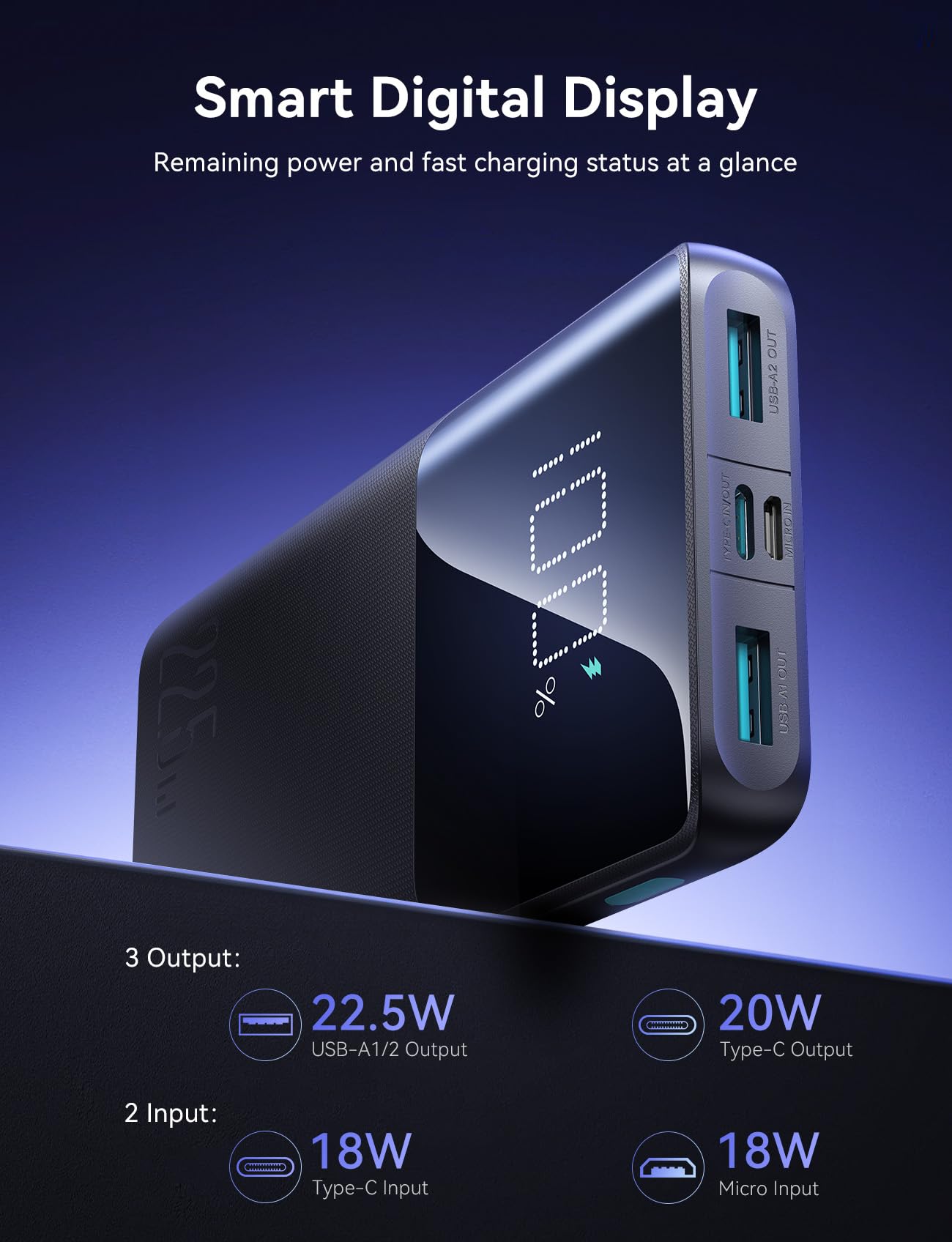Joyroom JR-QP191 22.5W Power Bank 10000mAh With Large Digital Display Supports PD3.0,QC3.0 - Black