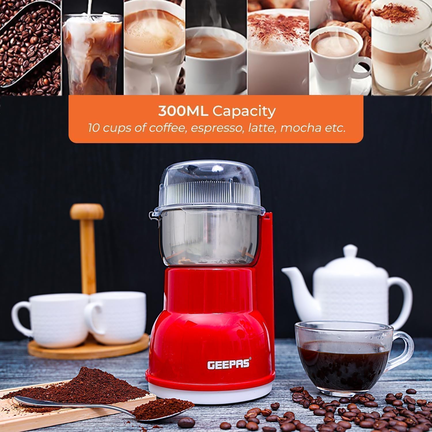 Geepas 180W Electric Coffee Grinder - Stainless Steel Blade |Stainless Steel Cup for Grinding, Overheat Protection | Removable Steel Bowl