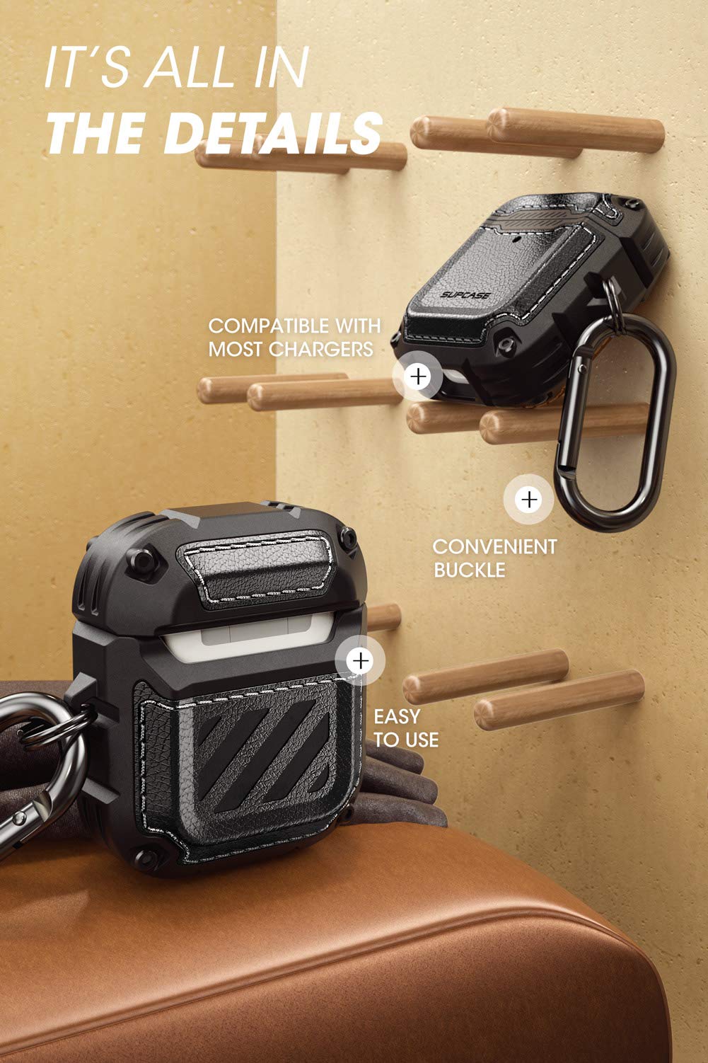 جراب Supcase Unicorn Beetle Royal Series مصمم لـ AirPods 1 و 2، غطاء حماية كامل الجسم بتصميم قوي مع كارابينر لـ Apple AirPods الجيل الأول والثاني (أسود)