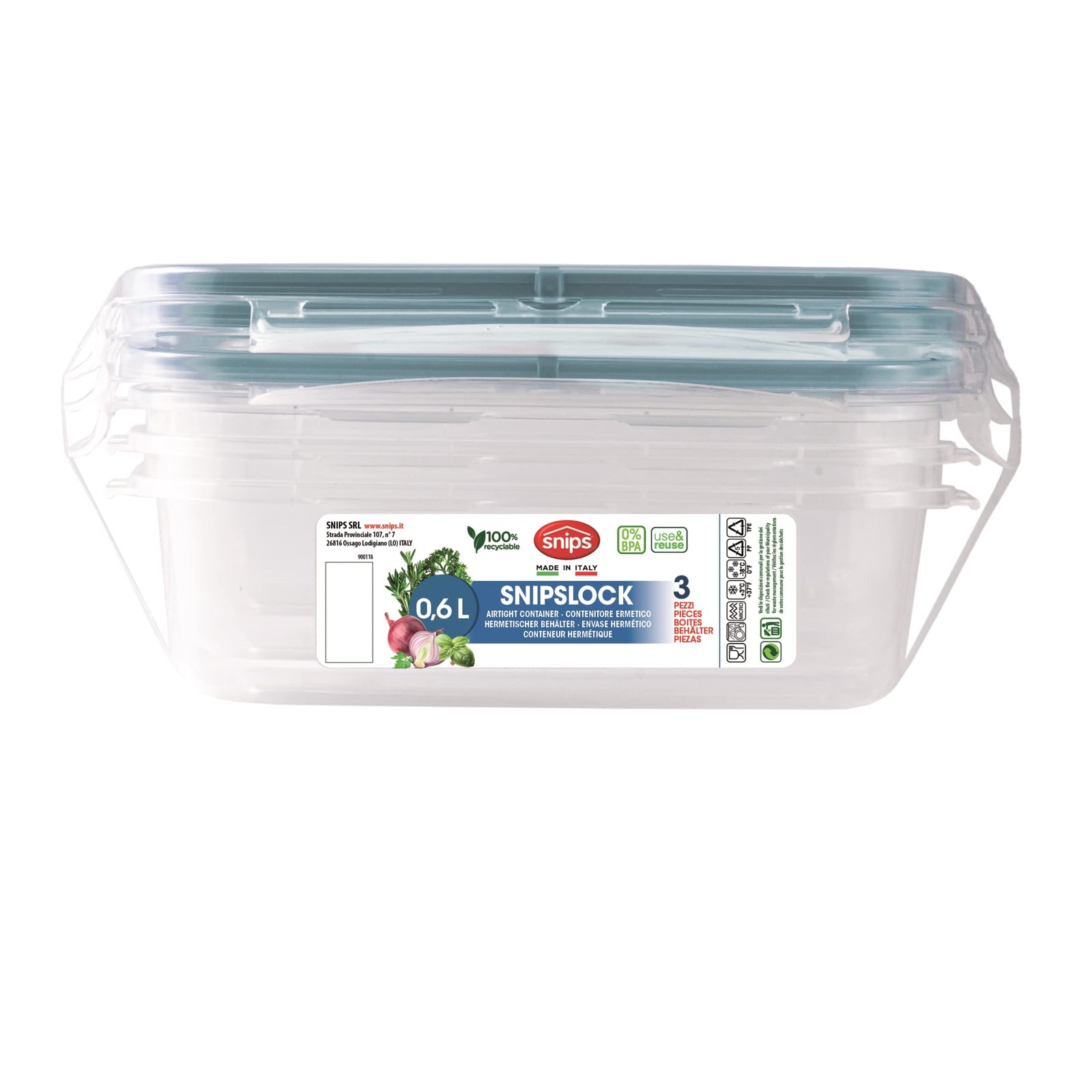 Snips Rectangular Storage Containers – 3-Piece Set, 0.6L, Made in Italy