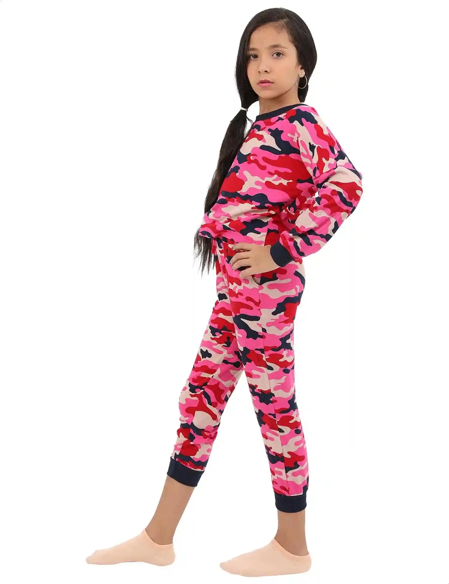 بيجامة نسائية للبنات، تي شيرت مطبوع بأكمام طويلة مع بنطلون بخصر مطاطي ورباط