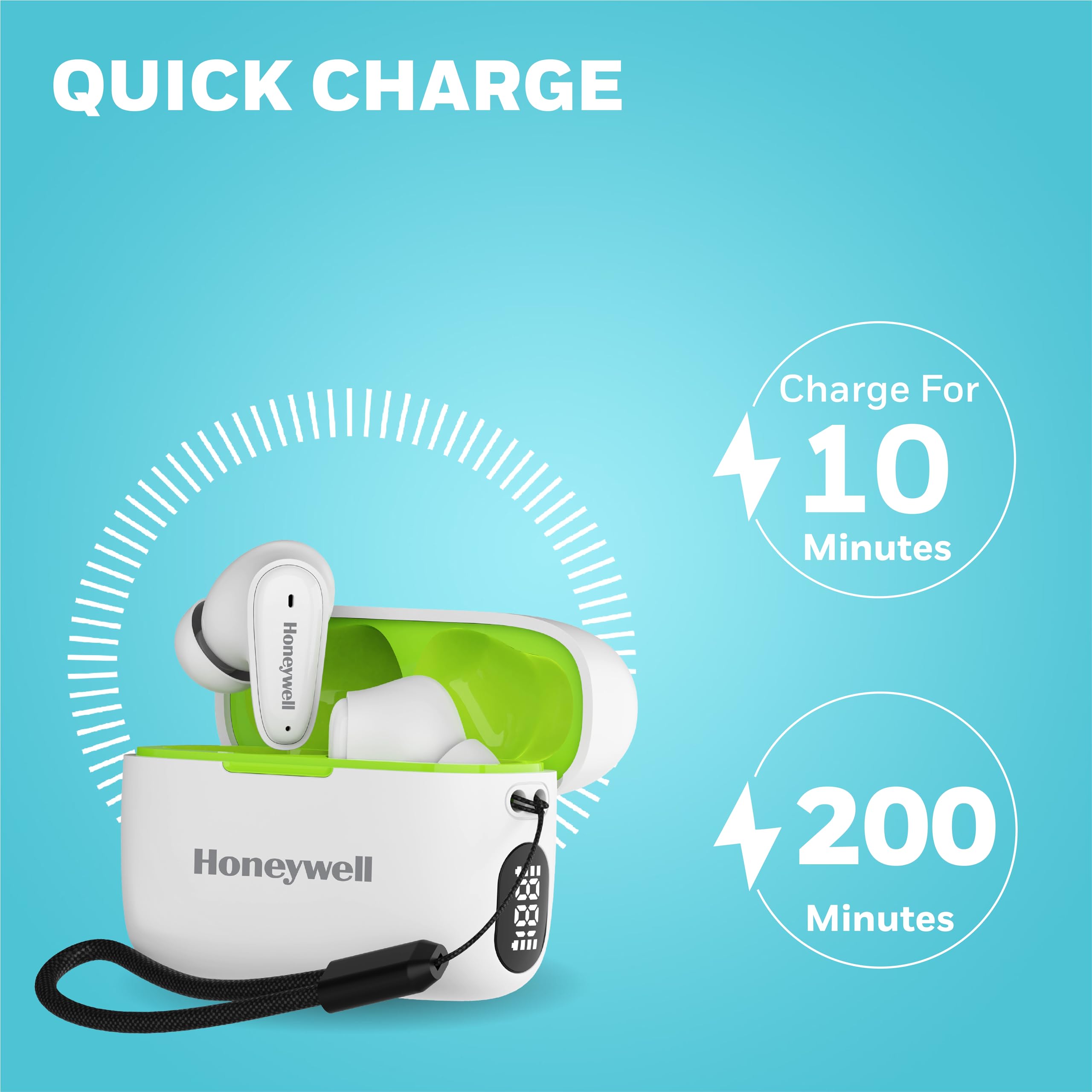 Honeywell  V1100, in-Ear True Wireless Stereo Earbuds with Digital Battery Display Case, Dual Microphones, Bluetooth V5.3, 31 Hours of Playtime, 100 Hours Stand-by, Fast Charging, White – Safqqa Egypt