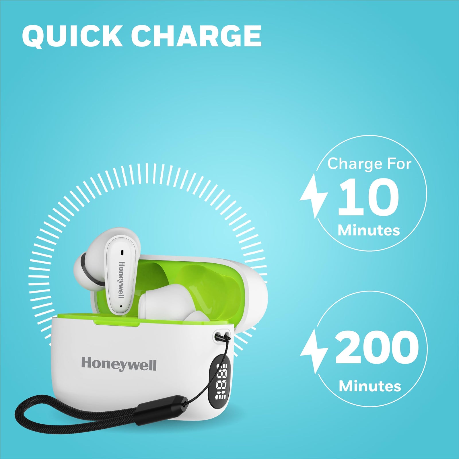 Honeywell  V1100, in-Ear True Wireless Stereo Earbuds with Digital Battery Display Case, Dual Microphones, Bluetooth V5.3, 31 Hours of Playtime, 100 Hours Stand-by, Fast Charging, White