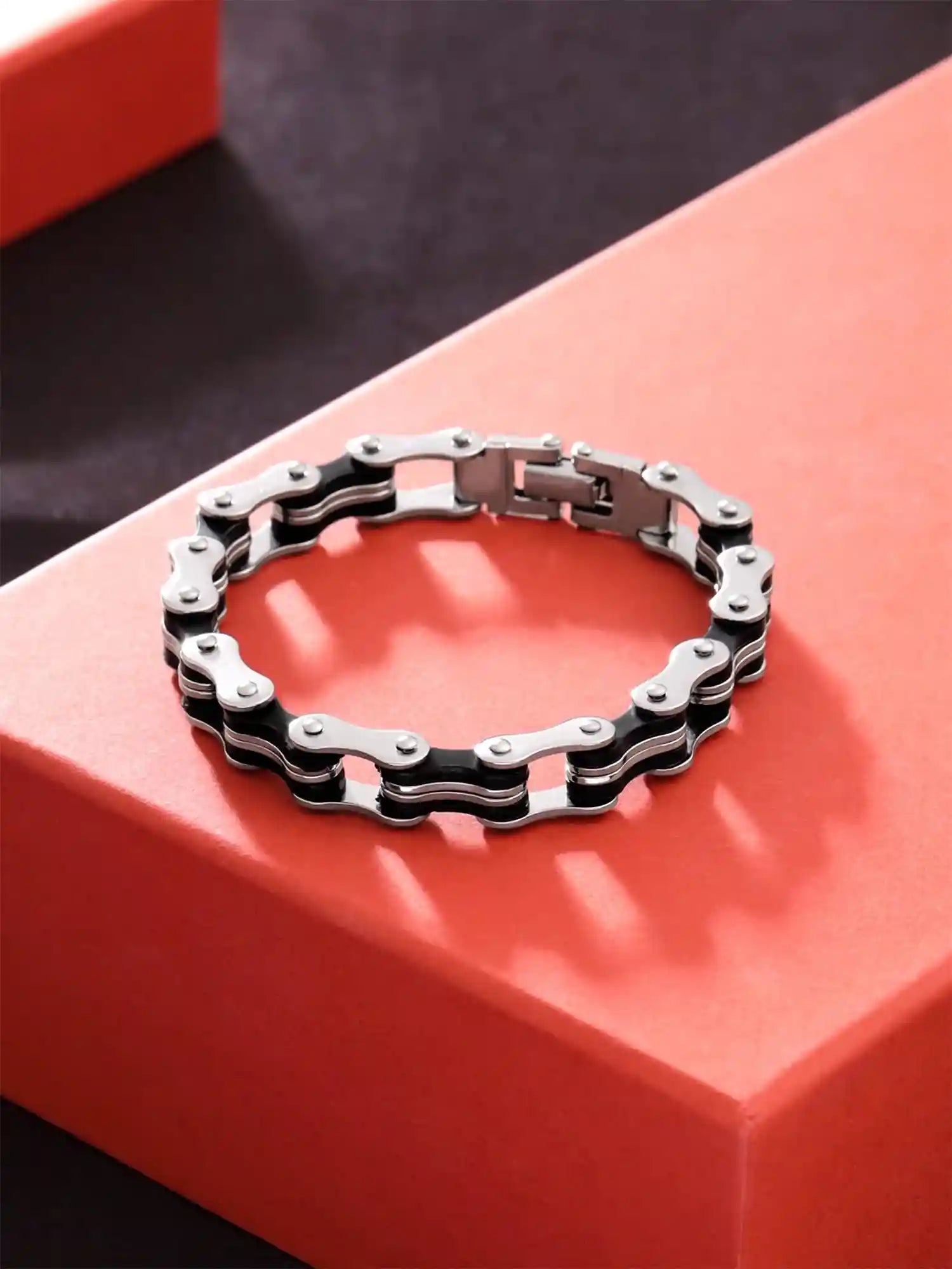 Yellow Chimes Men's Silver-Black Bicycle Chain Bracelet – Durable and Stylish for Men and Boys - Safqqa Egypt