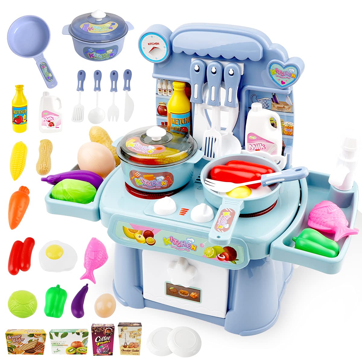 HaiLeTao Kitchen Toys Imitated Chef Light Music Pretend Cooking Food Play Dinnerware Set Safe Cute Children Girl Toy Gift Fun Game Toy Kitchen Sink with Running Water and Electronic Induction Stove