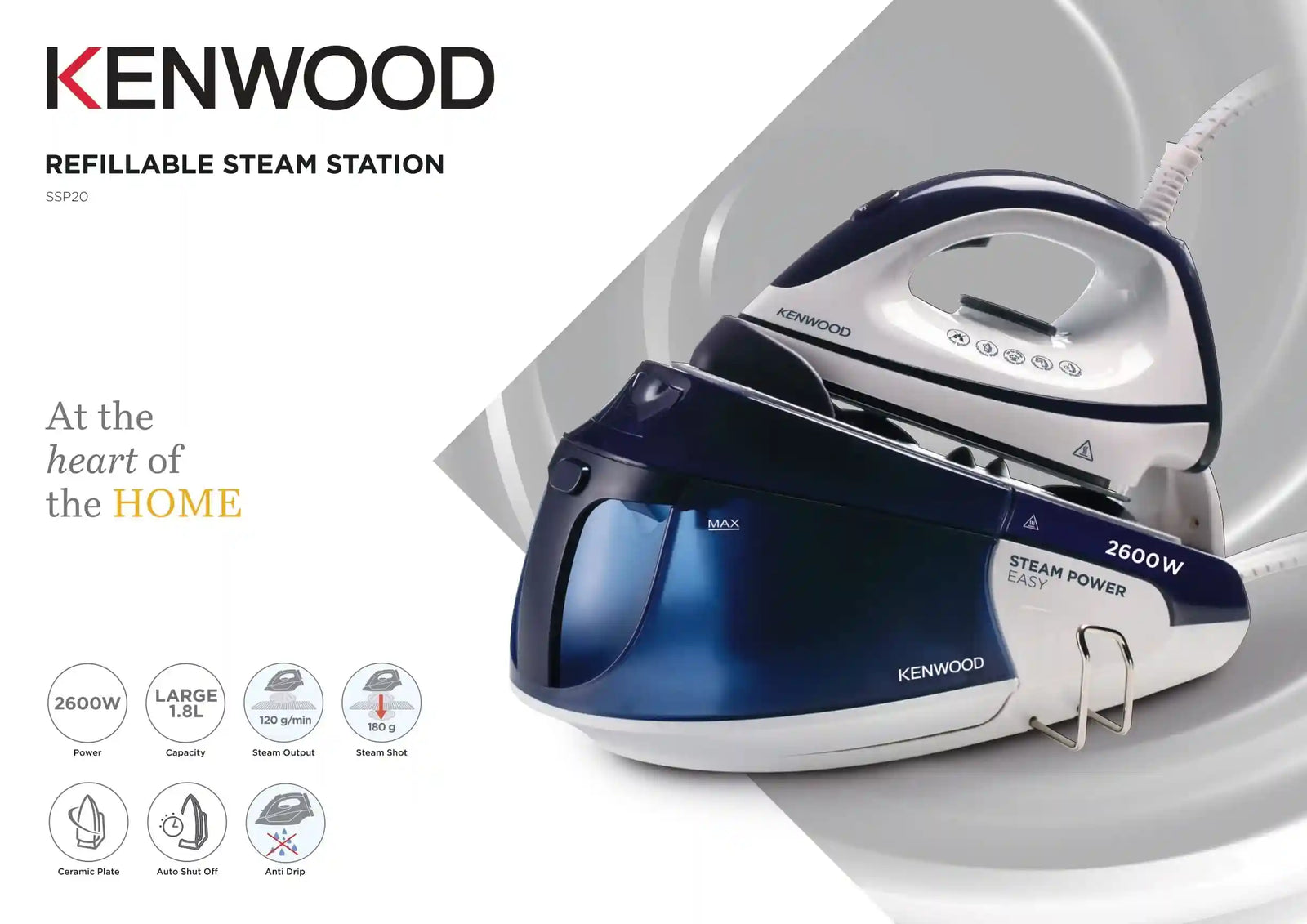 Kenwood 2600W Steam Station Iron – 1.8L Tank, Ceramic Soleplate, 180g Steam Boost, Anti-Drip, Auto Shut-Off, Self-Clean – White/Blue (SSP20.000WB)- Scratches And DAMAGE Box - Safqqa Egypt