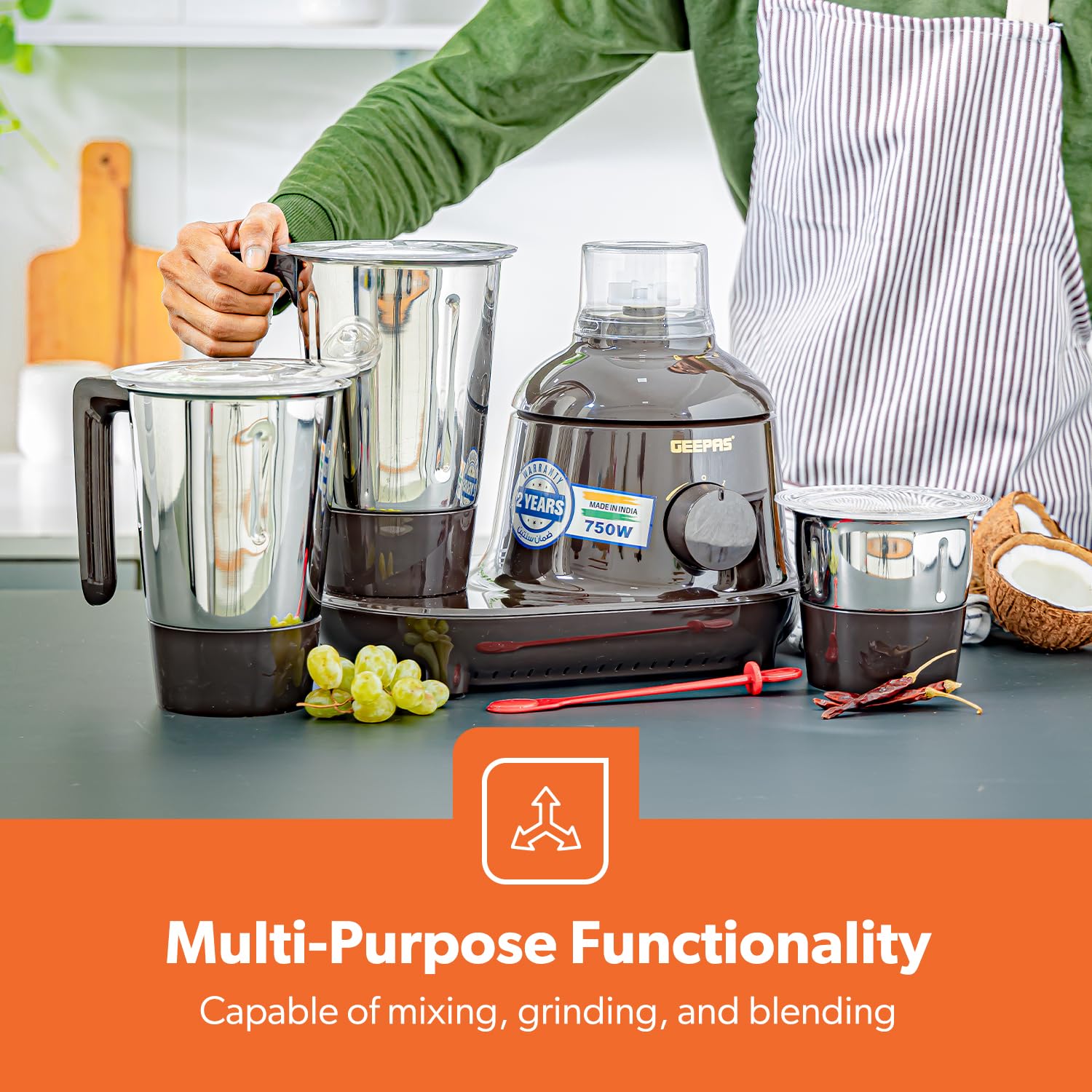 TMBBAINU 750W 3-in-1 Mixer Grinder – Powerful Motor, Stainless Steel Jars & Blades, 3-Speed Control, Overload Protection – Ideal for Chutney, Dry & Wet Grinding (Minor Scratch)