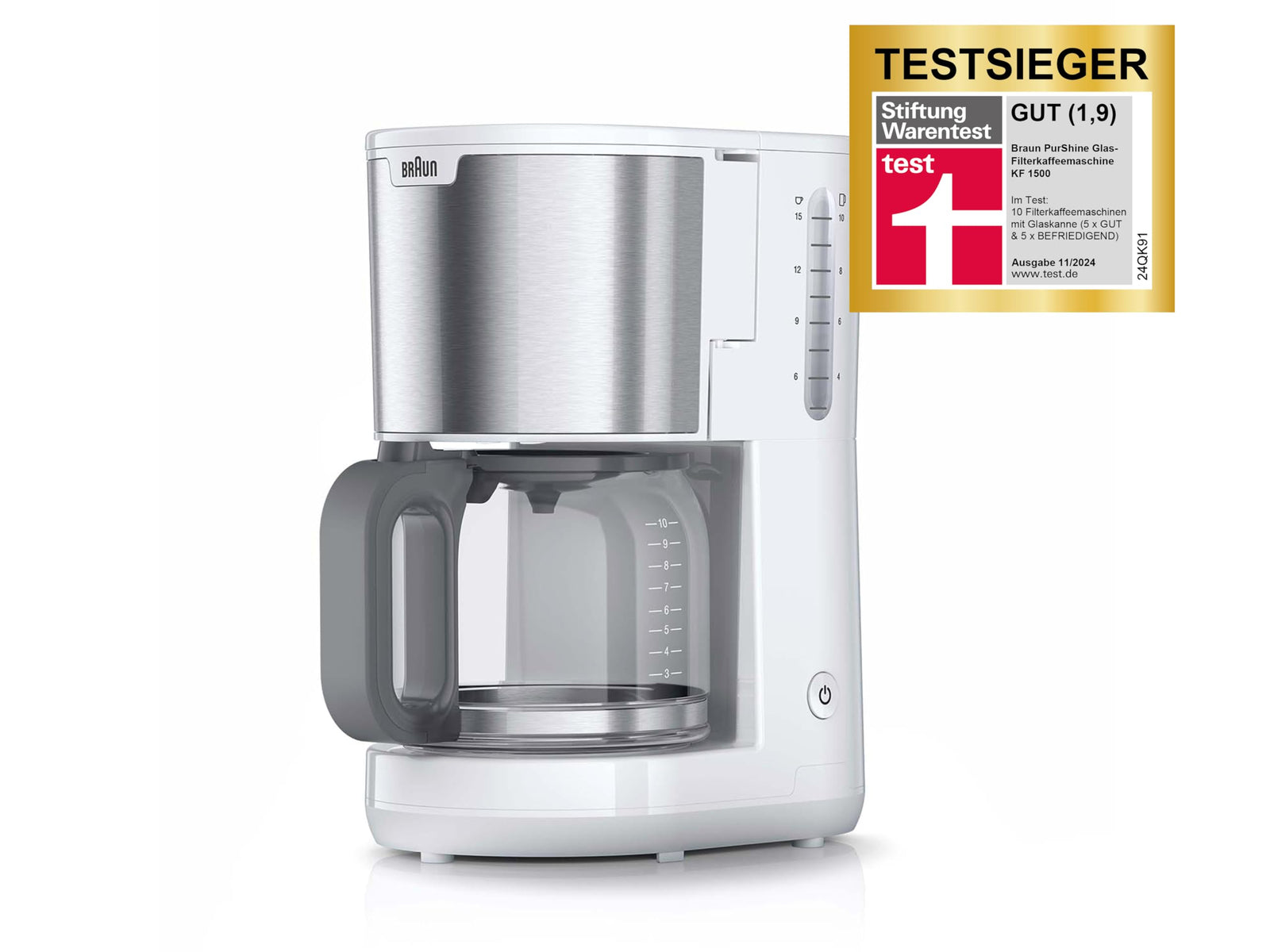 Braun  KF1500 WH, Filter Coffee Machine with Glass Carafe for up to 10 Cups-1000 Watts, White