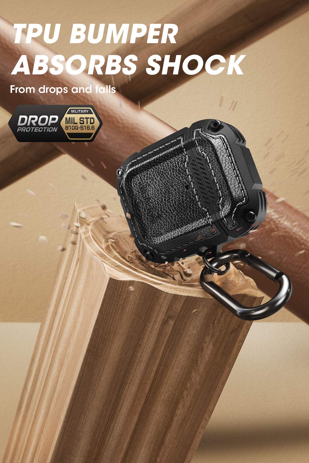 جراب Supcase Unicorn Beetle Royal Series مصمم لـ AirPods 1 و 2، غطاء حماية كامل الجسم بتصميم قوي مع كارابينر لـ Apple AirPods الجيل الأول والثاني (أسود)
