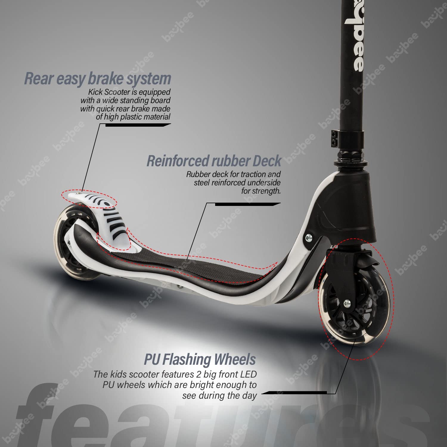 سكوتر بايبي دراكاريس بعجلتين هو وسيلة ممتعة وآمنة للأطفال من عمر 3 إلى 8 سنوات. يتميز بمقبض قابل للتعديل بثلاث مستويات ارتفاع ليناسب نمو الطفل، بالإضافة إلى عجلات PU مضيئة بتقنية LED