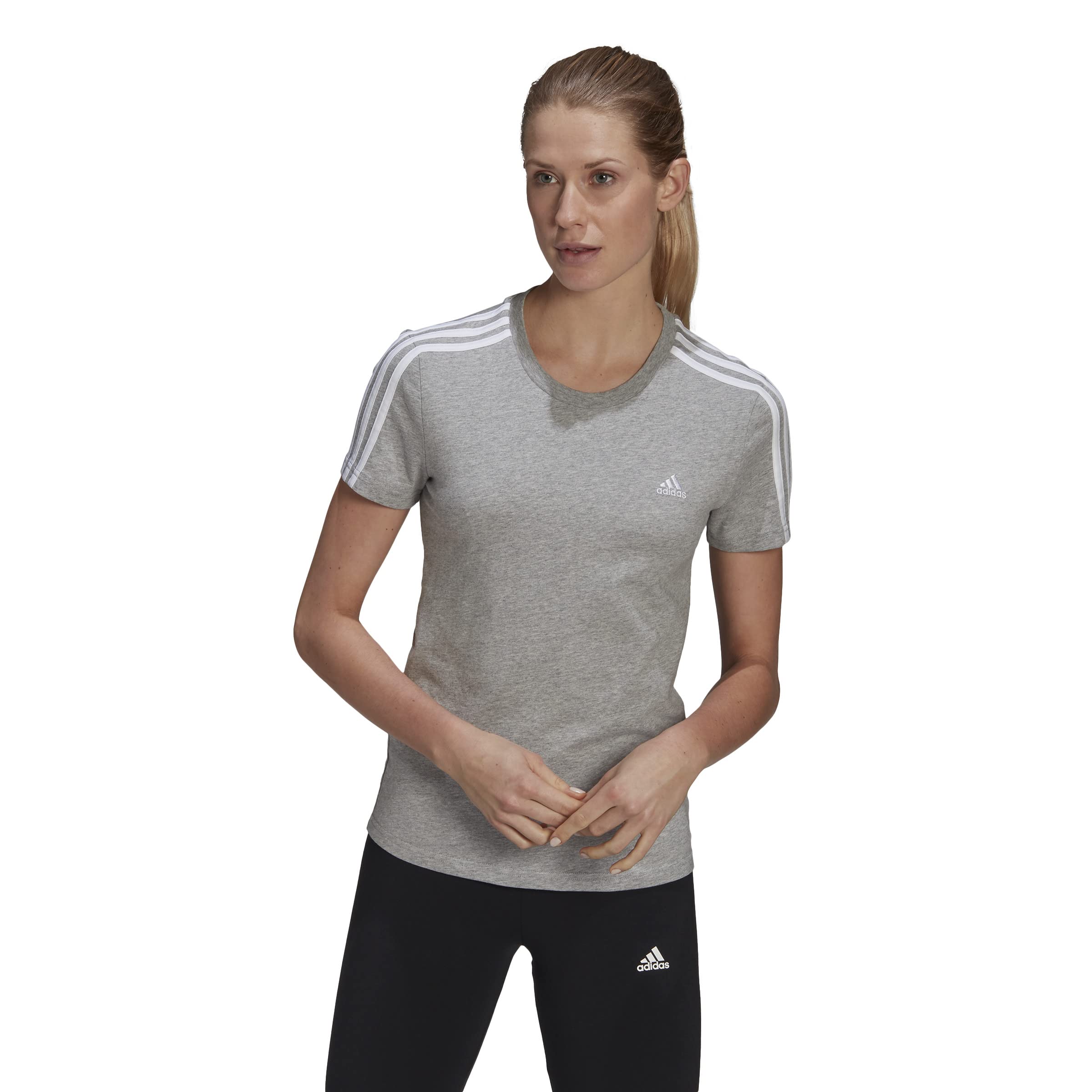 Adidas Women's 3-Stripes T-Shirt (Short Sleeve) - Medium Grey Heather, Model GL0785