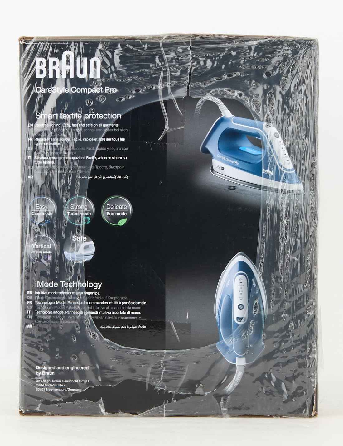 Braun CareStyle Compact Pro IS2565BL Steam Iron with FreeGlide 3D Technology, iCareMode, Eco & Turbo Modes, Vertical Steaming, Anti-Drip, 1.5L Water Tank, 2400W – Blue-Have Scratches - Safqqa Egypt