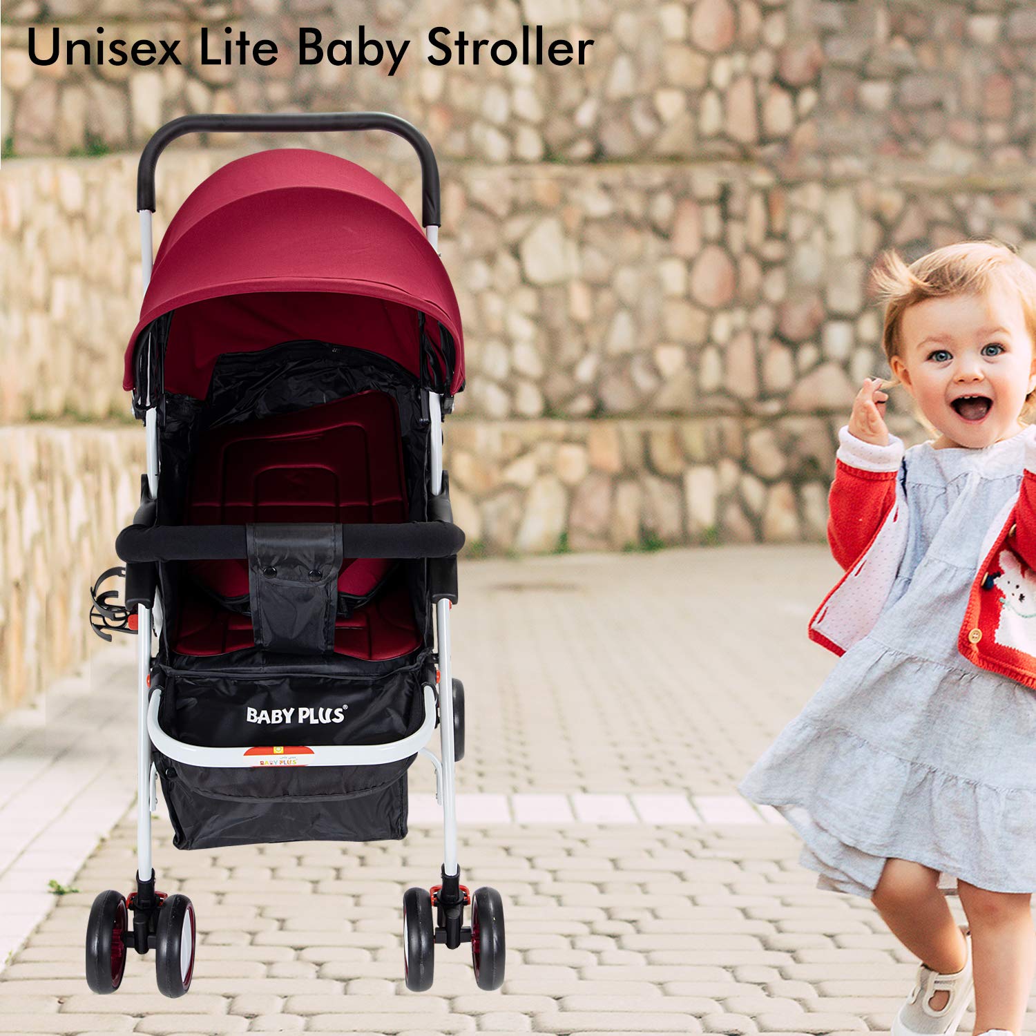BABY PLUS Baby Pram Stroller With Sunshade Canopy & Adjustable Footrest/With Snack Tray/Safety Belt/Swivel Wheels/Reclining Position/Large Storage Basket/Unisex/ 12 To 36 Months/Wine Black/Red