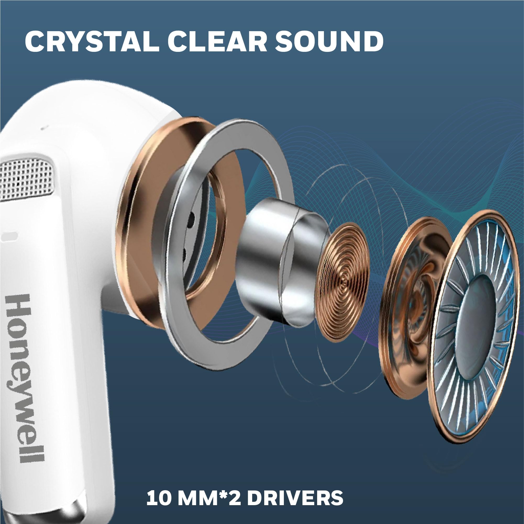 Honeywell  U5100, in-Ear Wireless Active Noice Cancellation, True Wireless Stereo Earbuds, Low Latency Mode(50MS), 6 Mics, Bluetooth V5.2, Sweat & Splash Resistant, 62 Hour Playtime, White