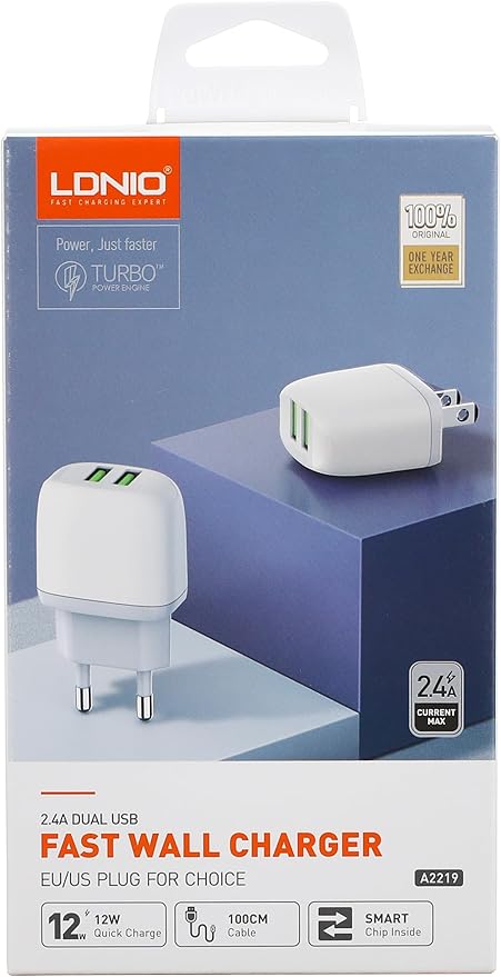 مجموعة شاحن سريع من Ldnio - قطعتين، موديل A2219، قابس الاتحاد الأوروبي مع منفذي USB وكابل Type-C - أبيض 