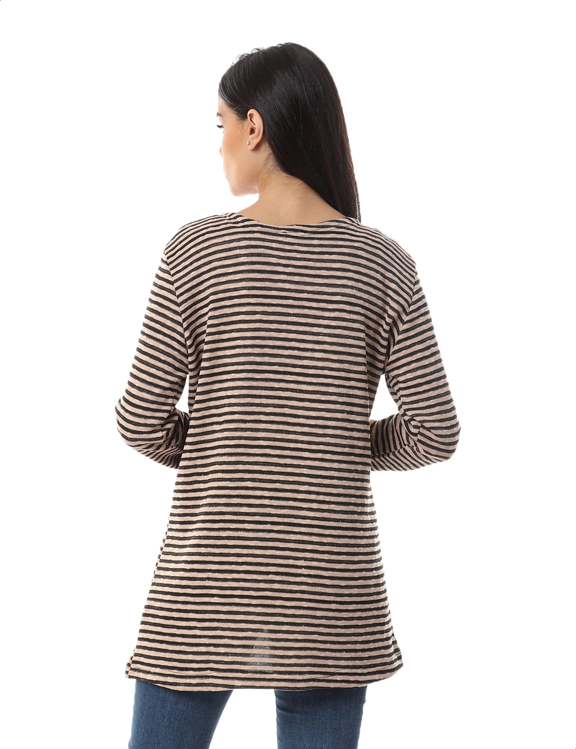 Jamila Hairline Stripes Front Pockets Long Sleeves Open Cotton Cardigan For Women,Long sleeves for added warmth and coverage.