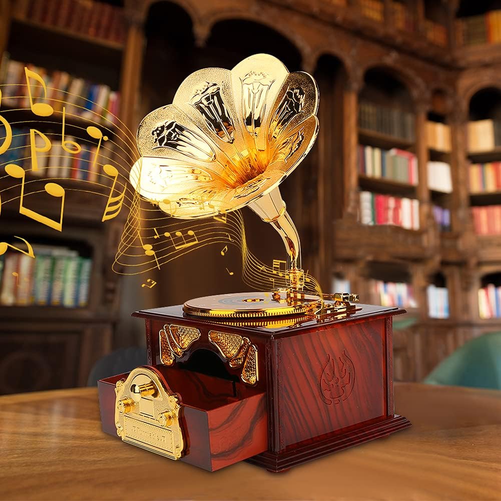 Mystery Vintage Gramophone Music Box, Mechanical Musical Jewelry Box for Girls Women Mom, Retro Table Cafe Bar Home Decor, Birthday Mothers Day Gifts for Mom