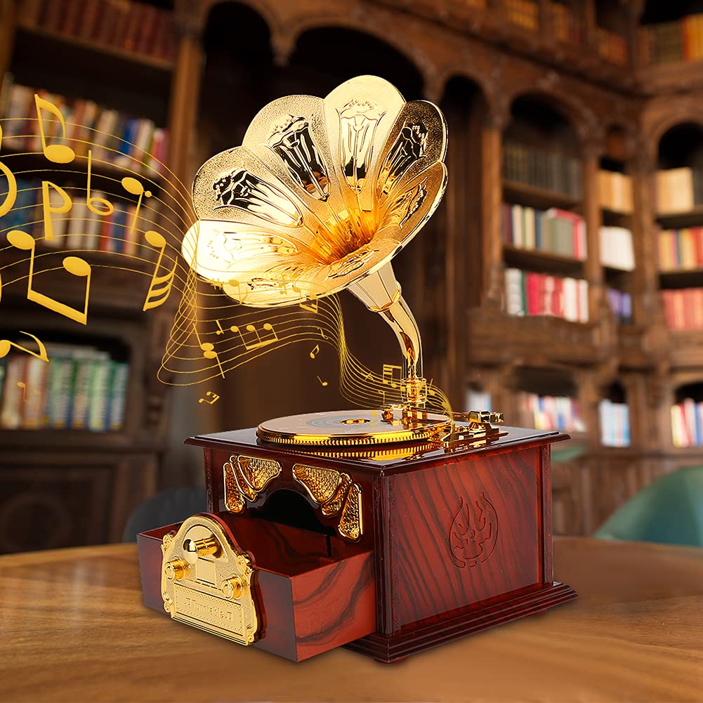 Mystery Vintage Gramophone Music Box, Mechanical Musical Jewelry Box for Girls Women Mom, Retro Table Cafe Bar Home Decor, Birthday Mothers Day Gifts for Mom