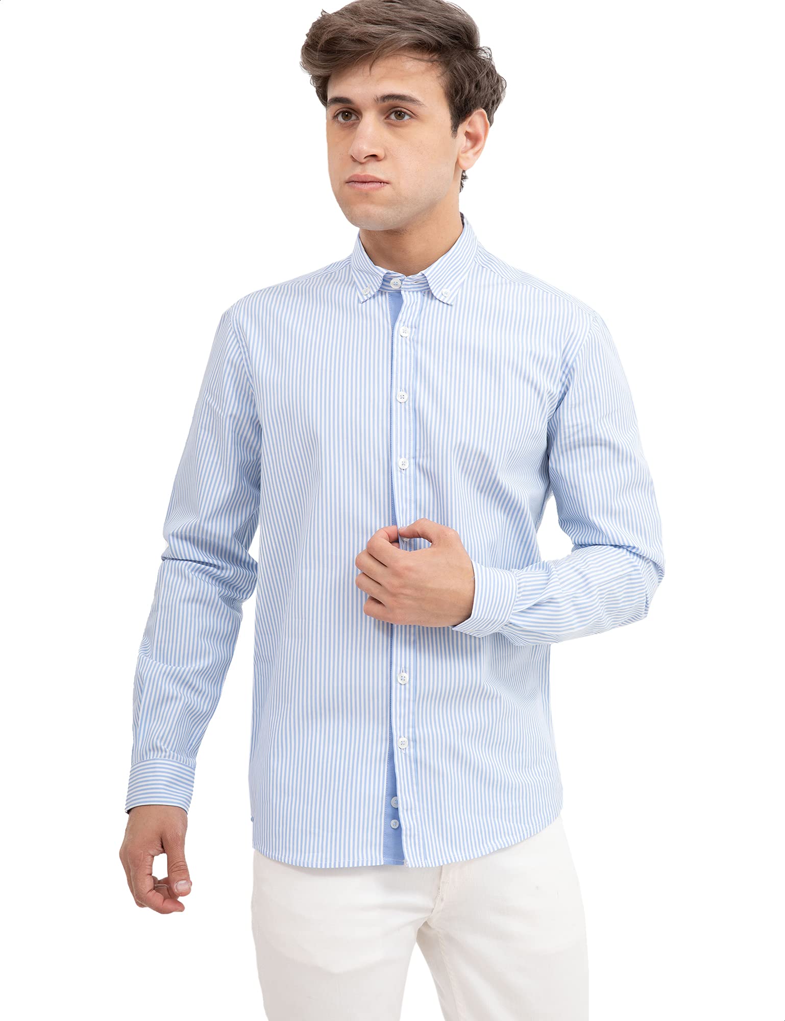 Premoda Long Sleeves Striped Button-Down Shirt for Men - Light Blue and White