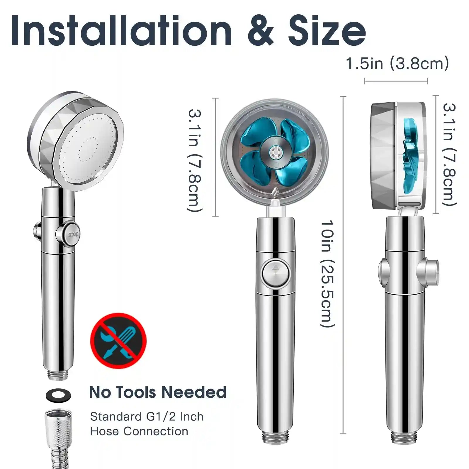 COKOKERT Handheld Vortex Shower Head – 360° High-Pressure Shower with Filter, Pause Switch & Removable Propeller – Water-Saving Power Spray (Without Box) - Safqqa Egypt