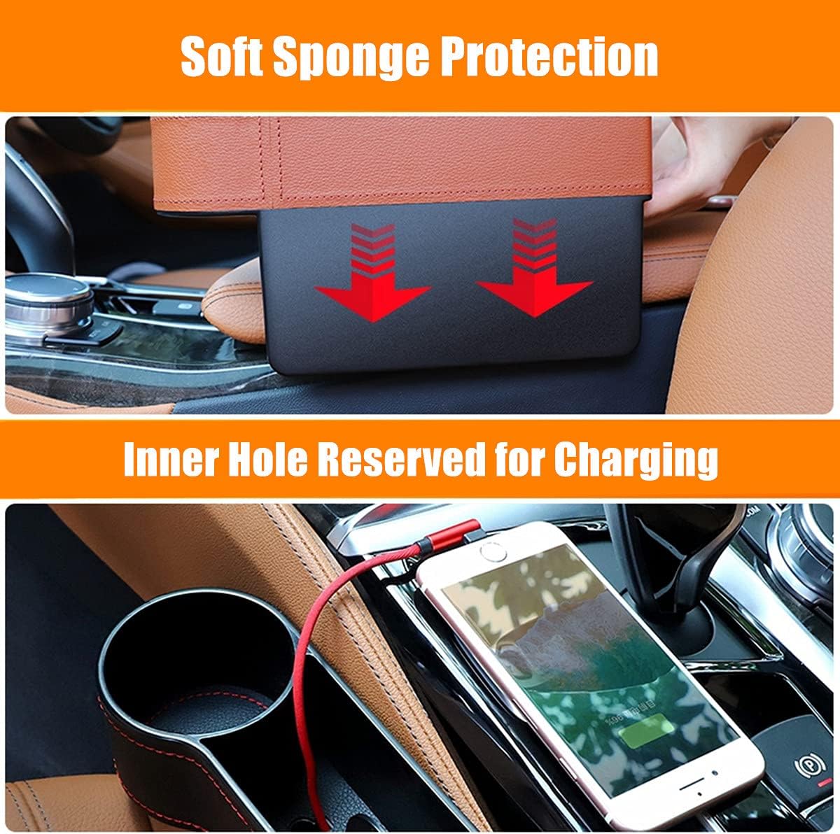 Car seat gap filler organizer between front seat car organizer and storage box, auto premium pu leather console with cup holder, car pocket for interior essentials (for passenger side)