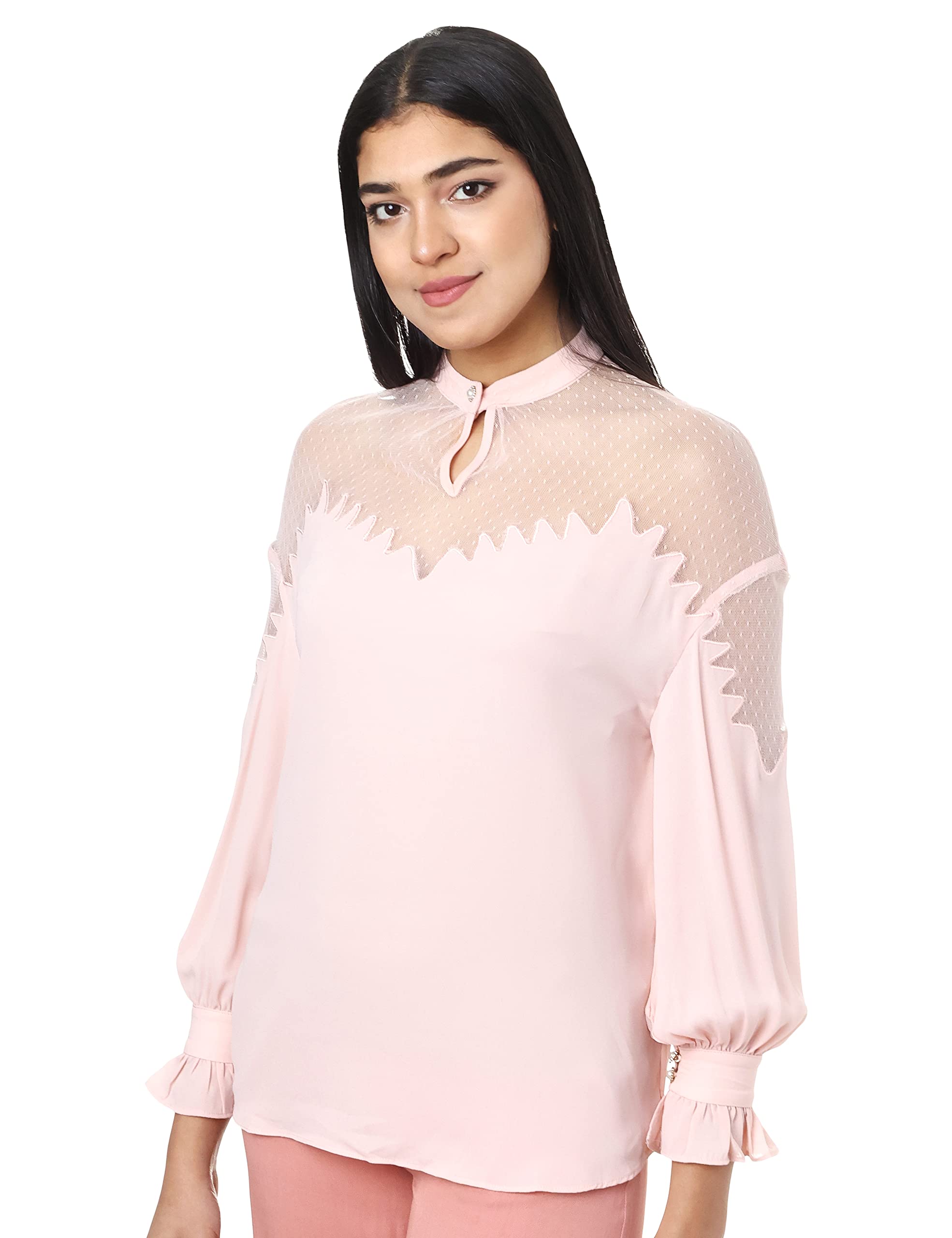 Elle Buttoned Neck Sheer Basic Blouse for Women
