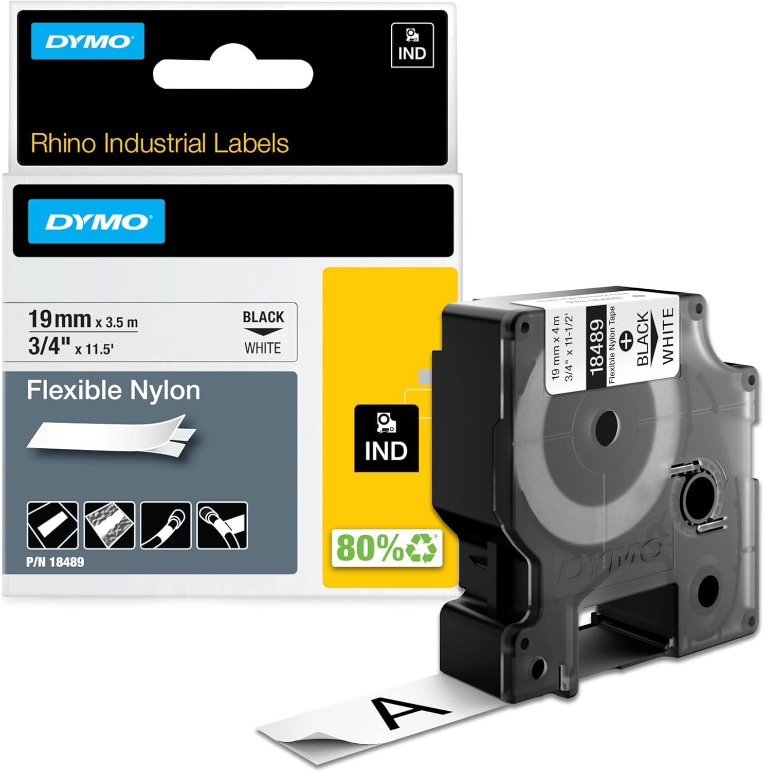 DYMO  Industrial Flexible Nylon Labels, 19 mm x 3.5 m Roll, Black Print on White, Self-Adhesive, 18489 - Safqqa