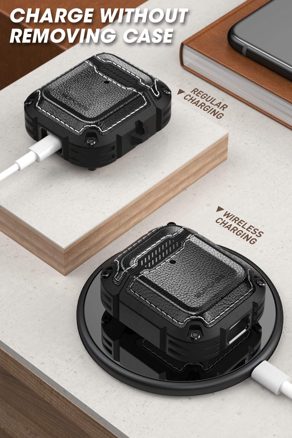 جراب Supcase Unicorn Beetle Royal Series مصمم لـ AirPods 1 و 2، غطاء حماية كامل الجسم بتصميم قوي مع كارابينر لـ Apple AirPods الجيل الأول والثاني (أسود)
