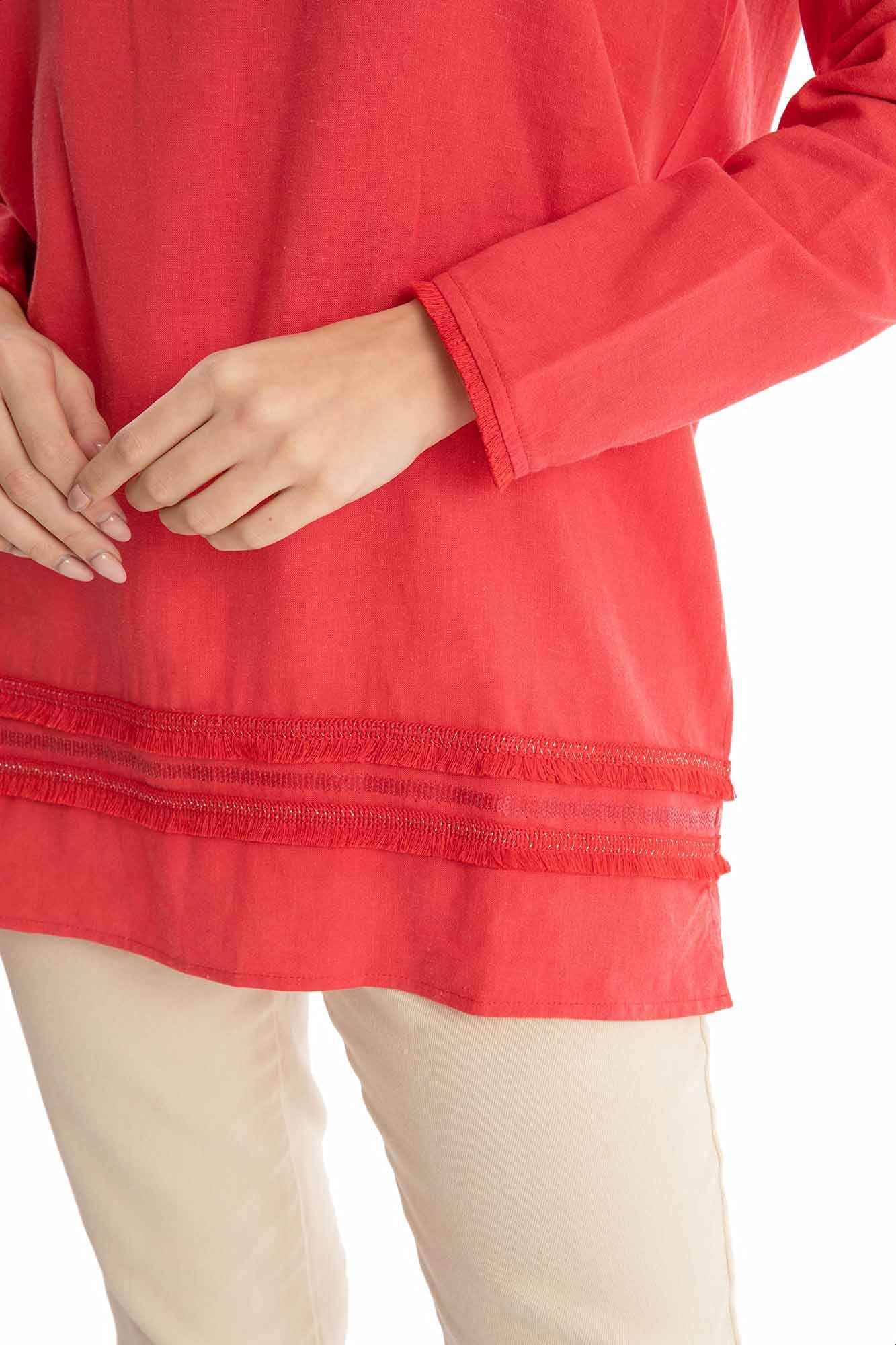 Dalydress Cotton V-Neck Long Sleeves Fringe Detail Blouse for Women - Safqqa Egypt