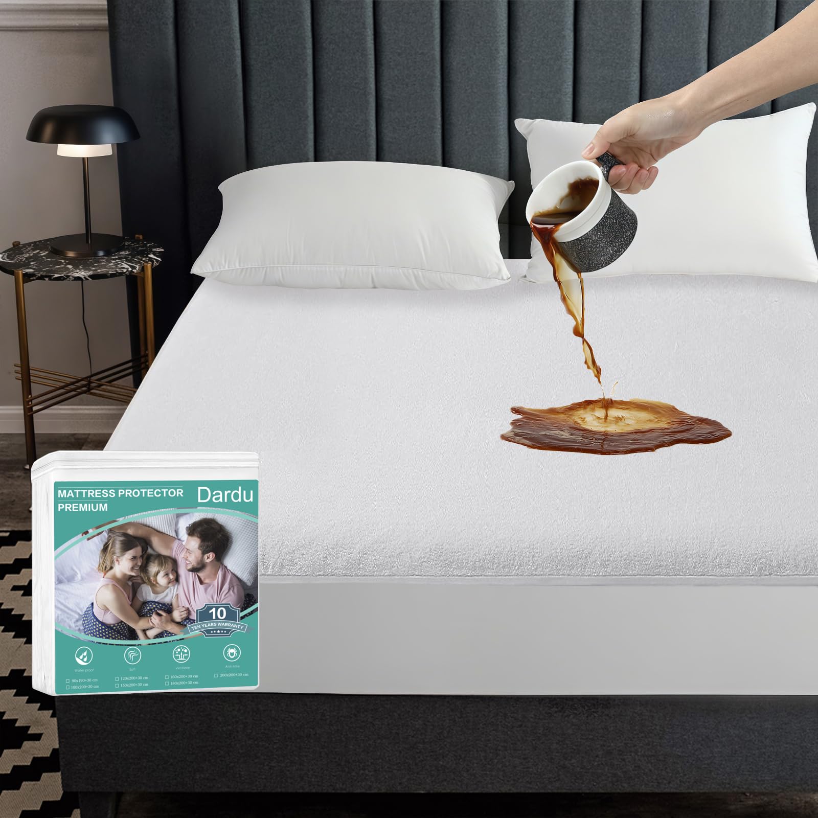 حامي المرتبة الفاخر المقاوم للماء من داردو. مصمم ليناسب المراتب بمقاس 200×200 سم مع عمق 30 سم ليمنح تغطية كاملة وثباتًا مثاليًا. مصنوع من قماش ناعم وقابل للتنفس وخالٍ من الضوضاء لراحة قصوى أثناء النوم