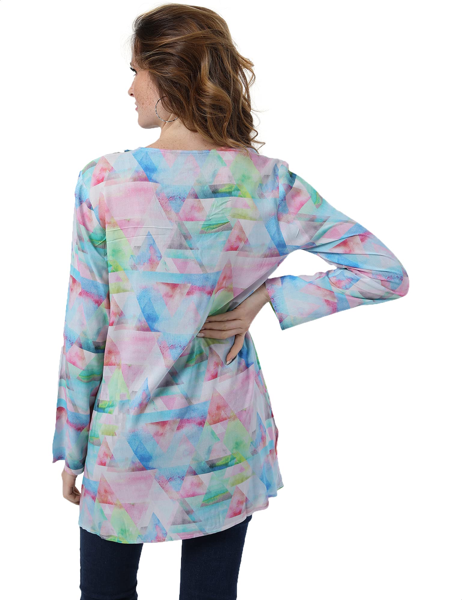 Dalydress Patterned Side Slits Long Sleeves V Neck Blouse For Women,Lightweight material ideal for daily wear.