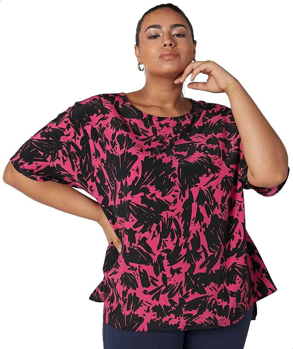 Splash High Low Patterned Short Sleeves Round Neck Blouse for Women - Fuchsia & Black - Safqqa Egypt