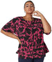 Splash High Low Patterned Short Sleeves Round Neck Blouse for Women - Fuchsia & Black - Safqqa Egypt