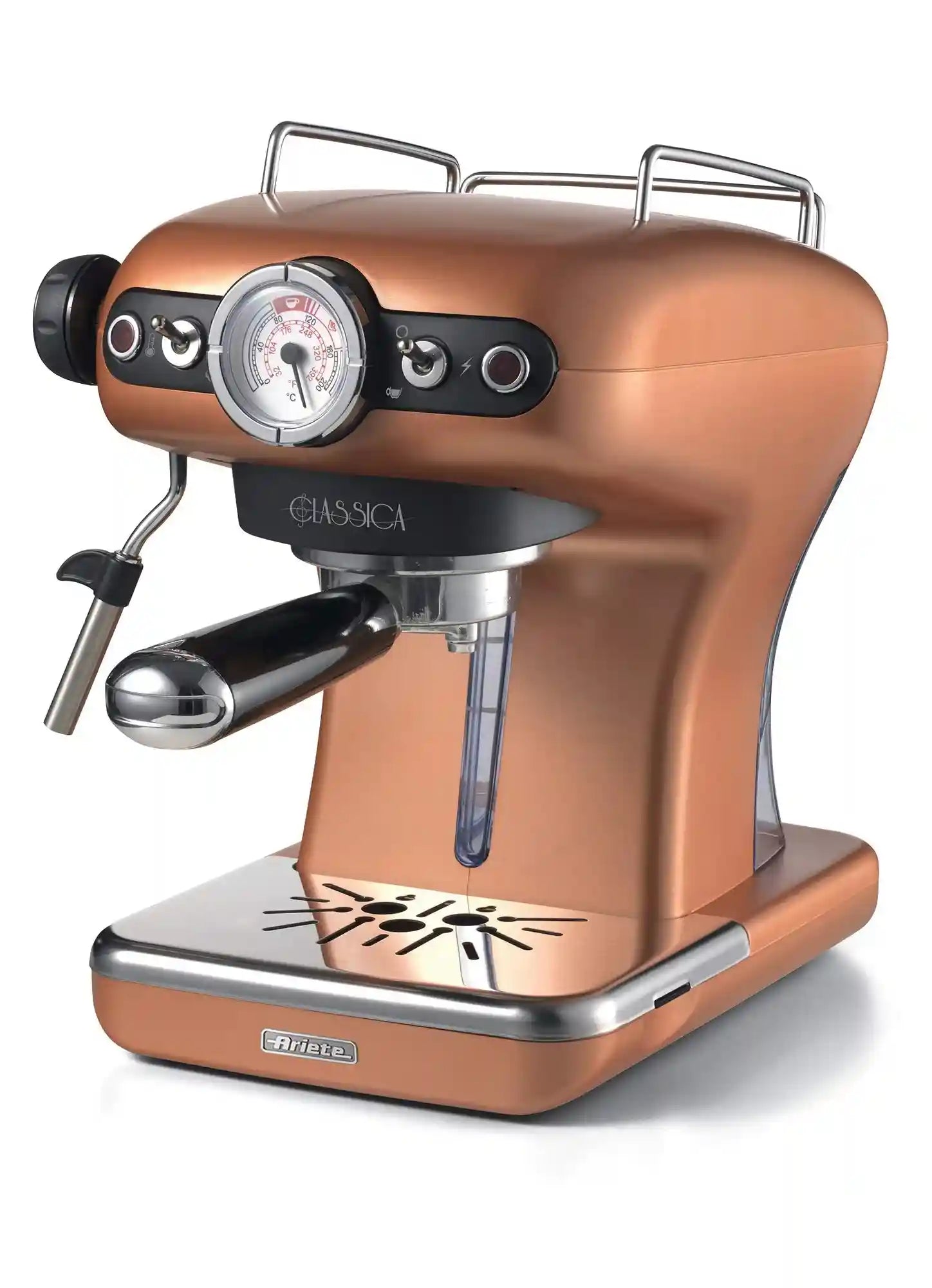 Ariete Classica 15-Bar Espresso Machine – Copper | With Manometer, Milk Frother & Auto Shut-Off | Compatible with Ground Coffee & ESE Pods | 850W Cappuccino Maker for Home & Office - Safqqa Egypt