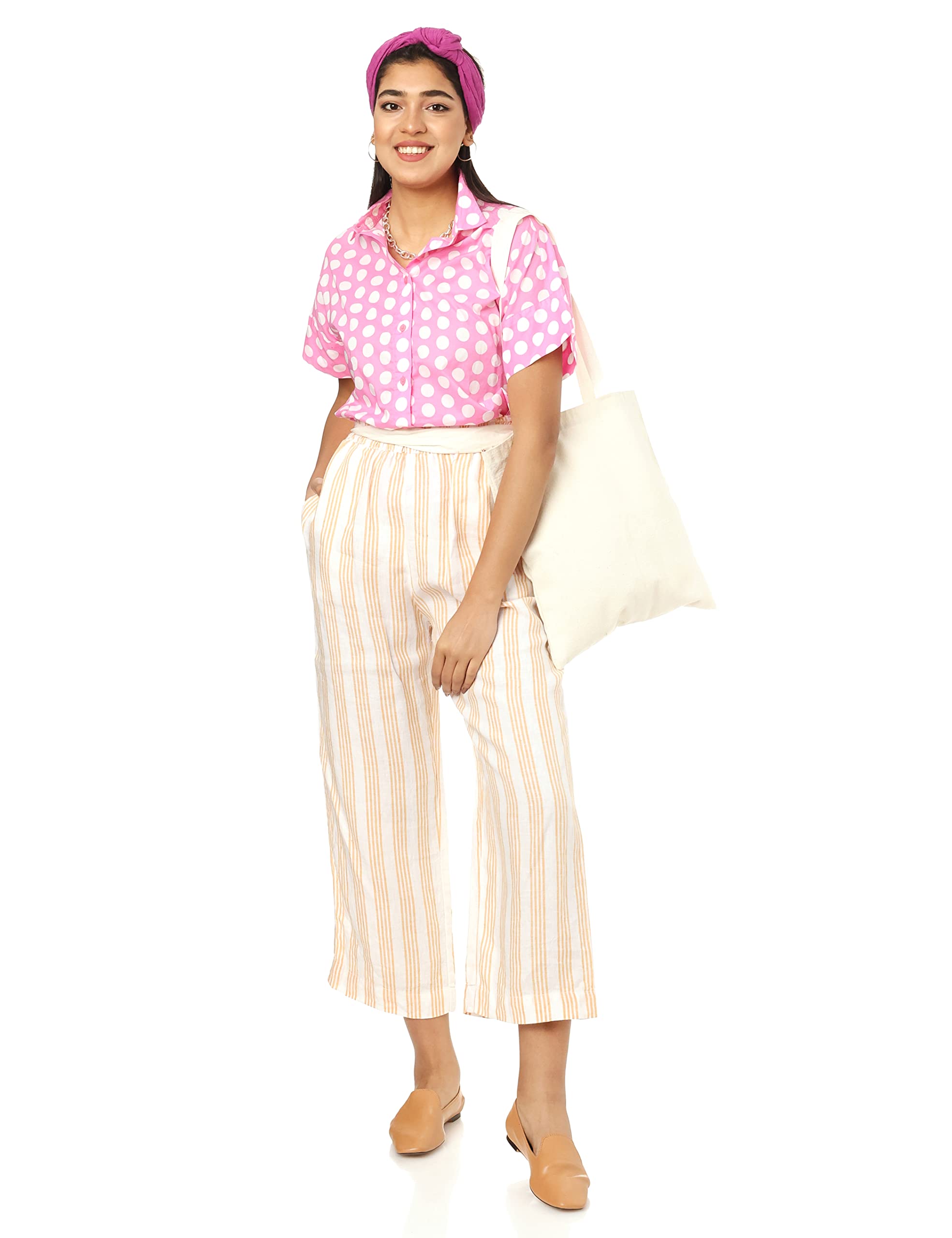 Splash Basic Polka Dot Cotton Short-Sleeve Rounded-Hem Button-Down Shirt For Women